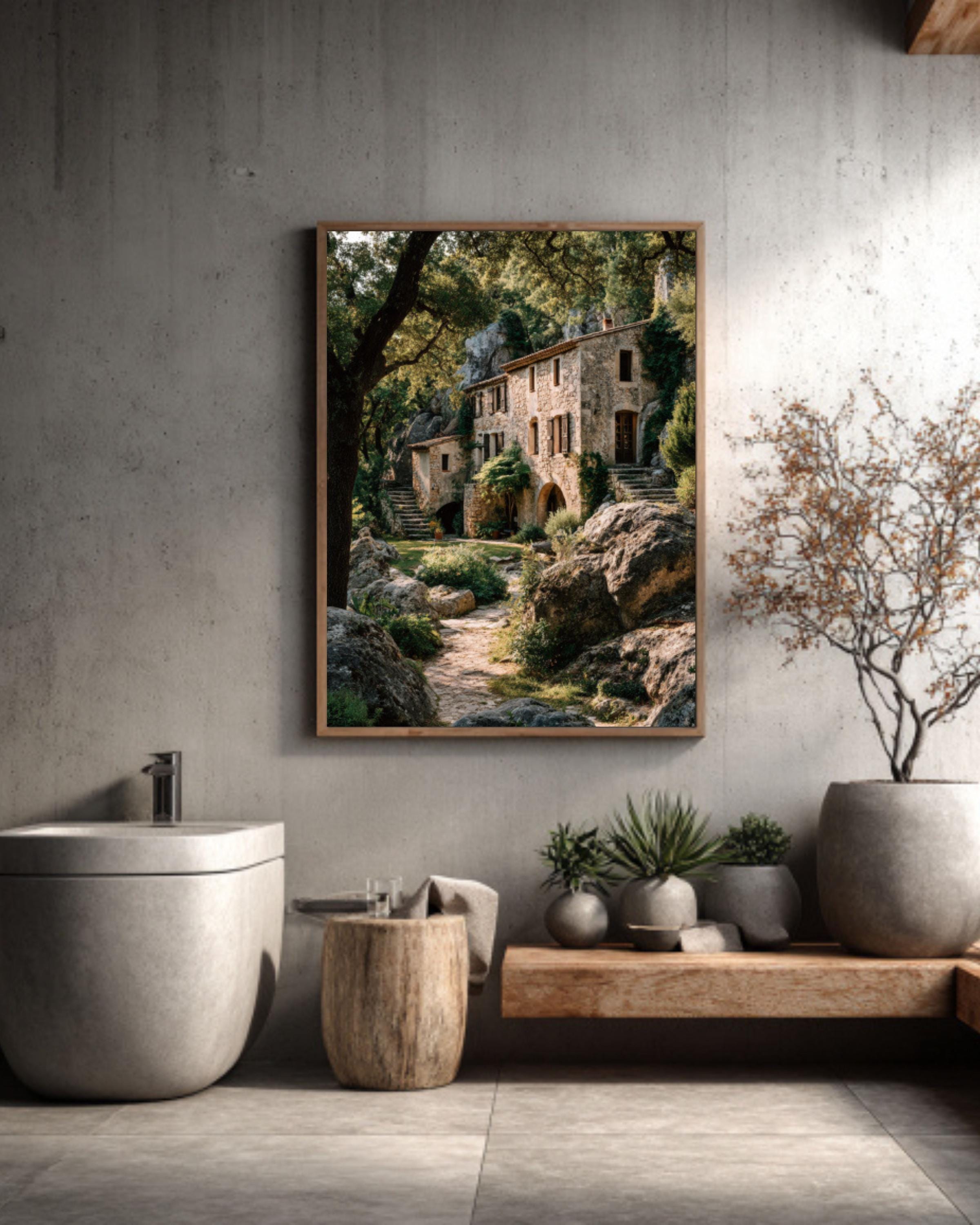 French Stone House Wall Art – Rustic Provence Cottage Canvas Print