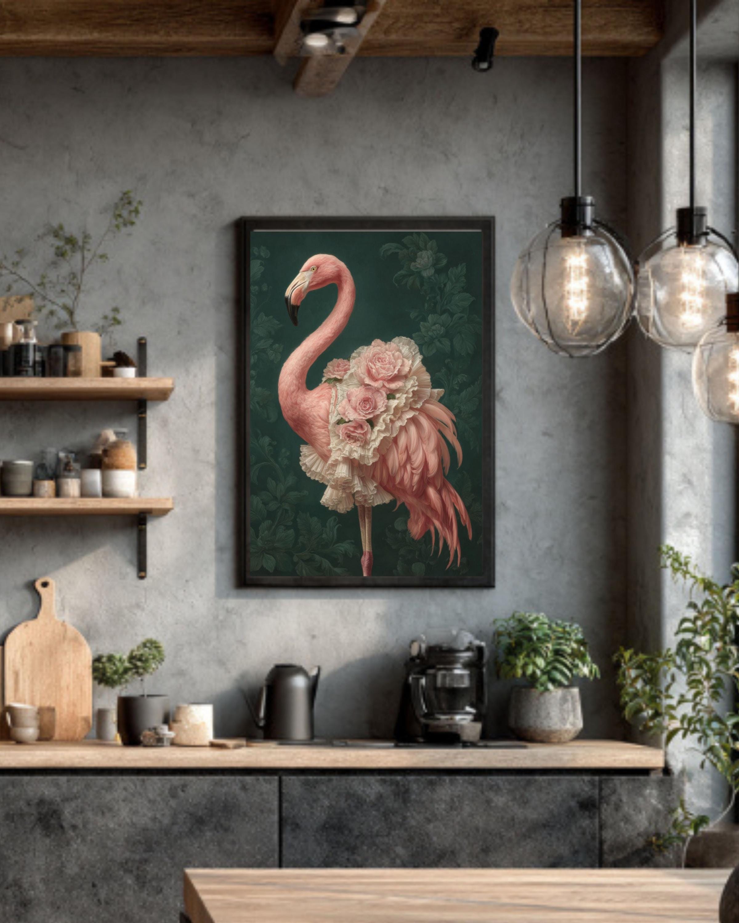 Baroque Flamingo Canvas Art – Elegant Tropical Bird Painting