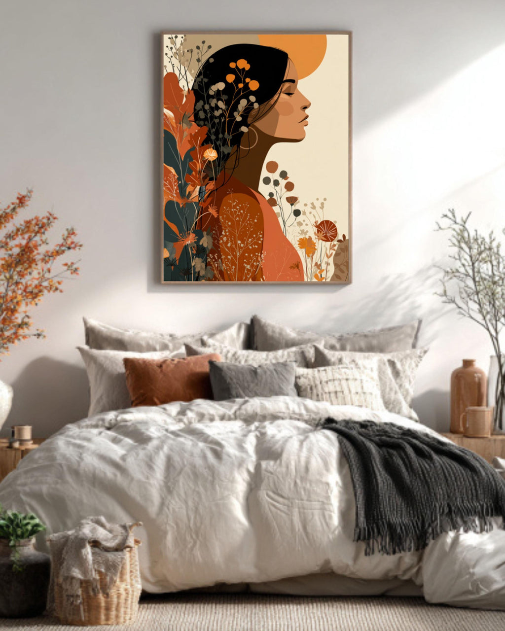Retro Boho Woman Wall Art Print | 70s Flower Power Earthy Tones
