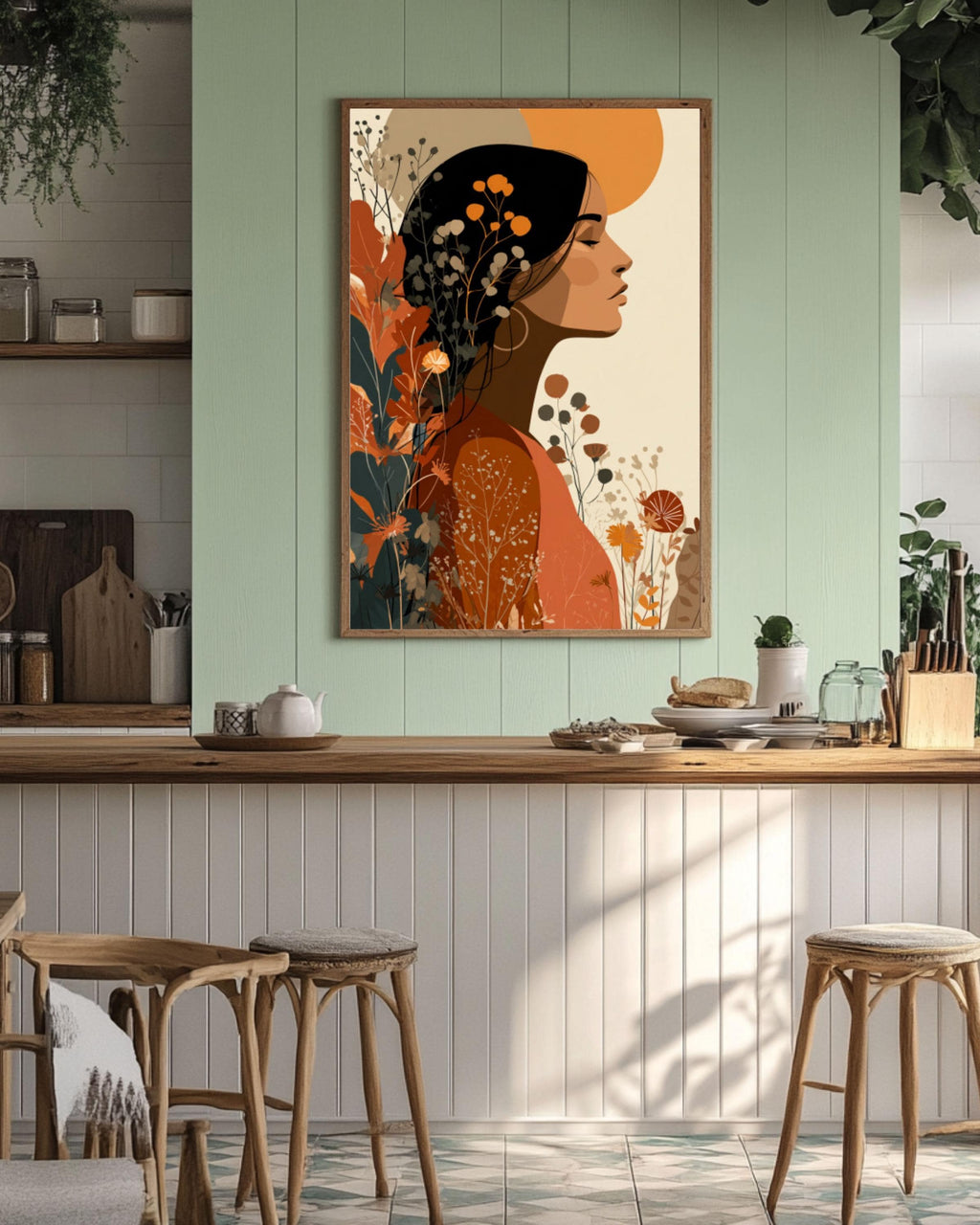 Retro Boho Woman Art Print: 70s Flower Power, Earthy Tones for home and office wall décor