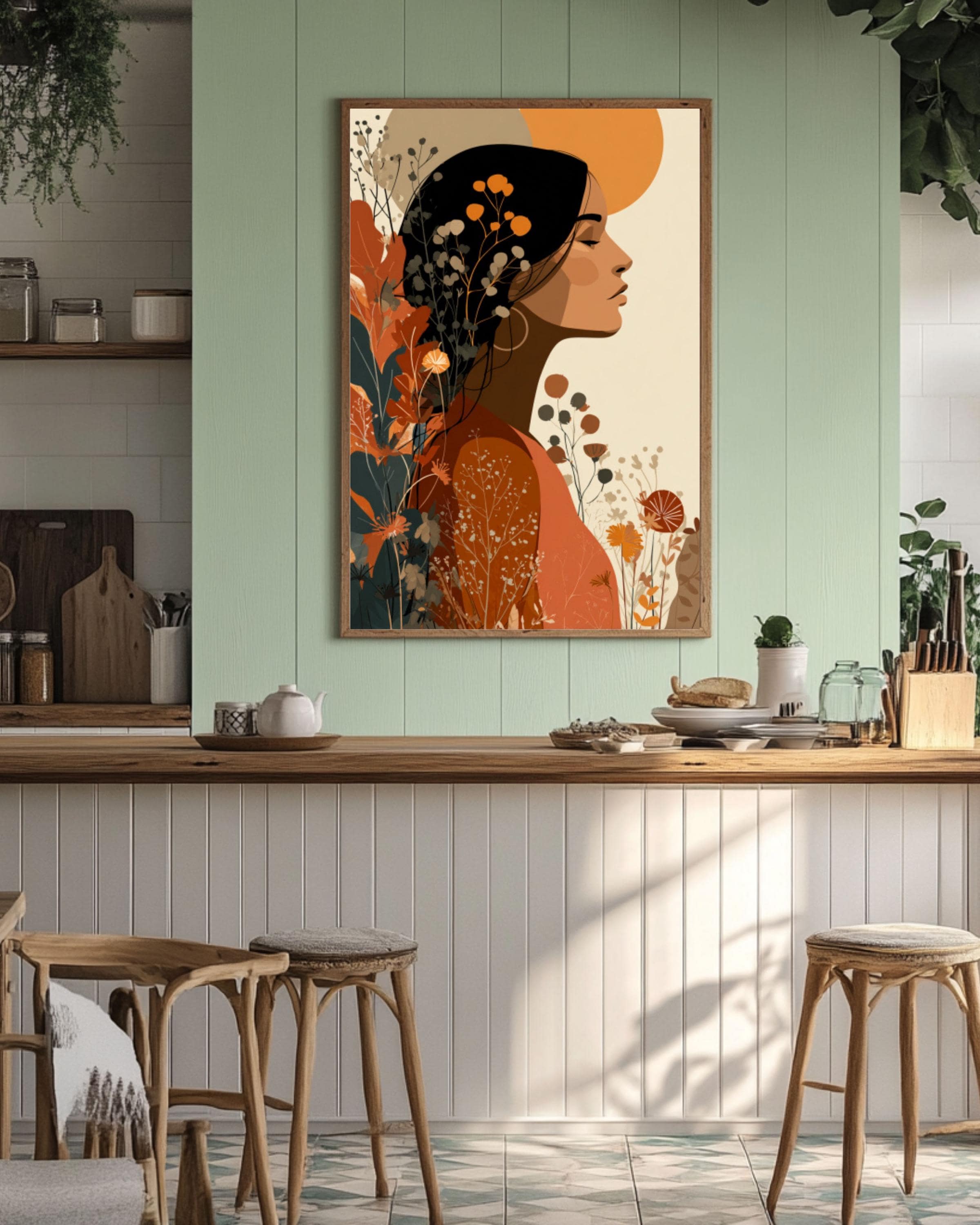 Retro Boho Woman Art Print: 70s Flower Power, Earthy Tones for home and office wall décor