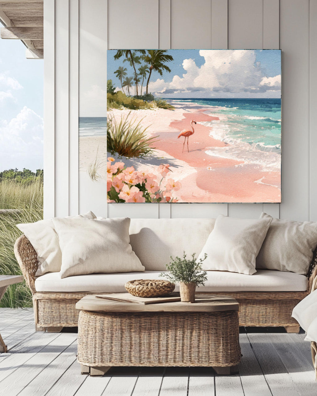 Flamingo Beach Watercolor Canvas Wall Art – Tropical Coastal Décor