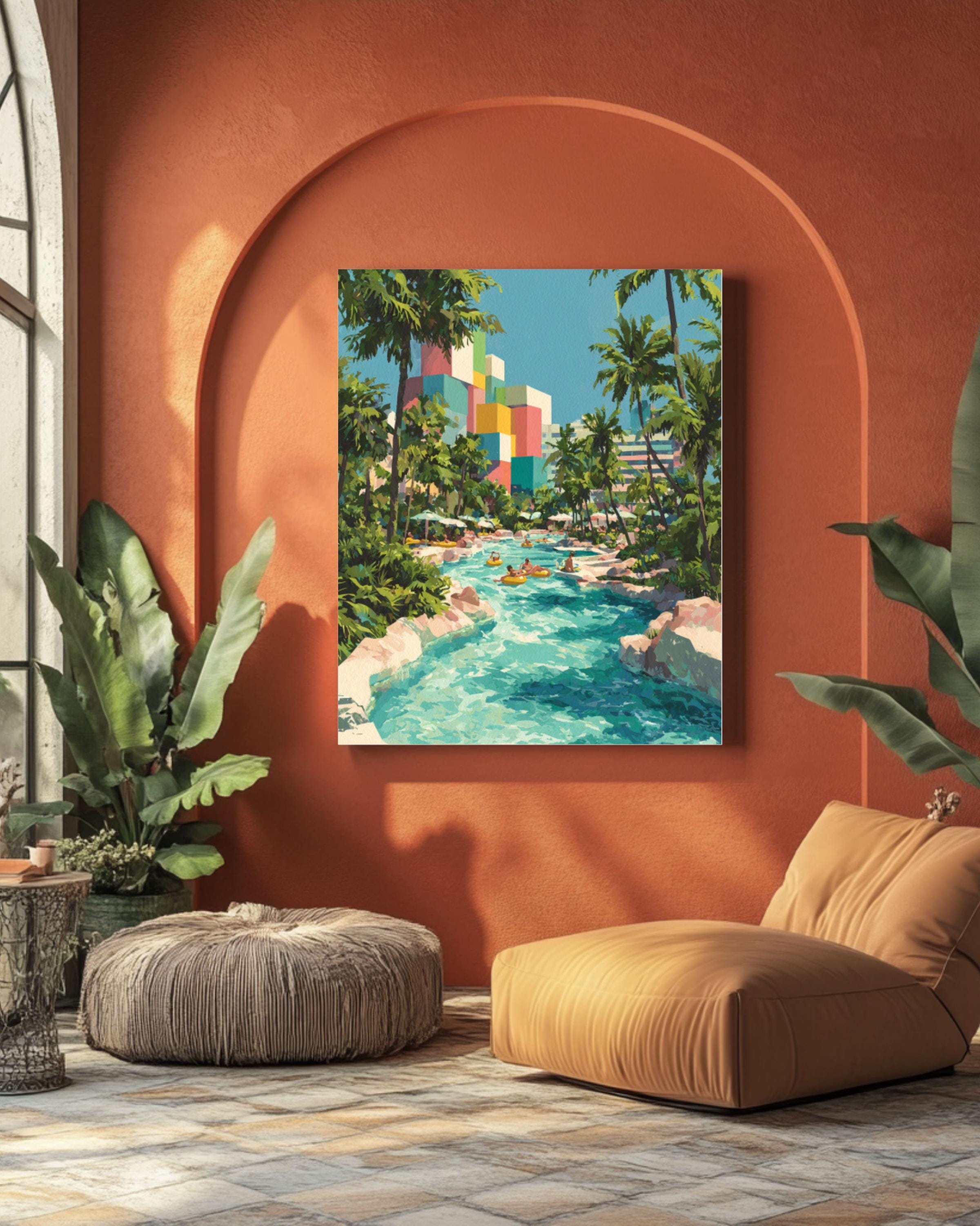 Miami Water Park Gouache Art Print – Colorful Retro Summer Scene