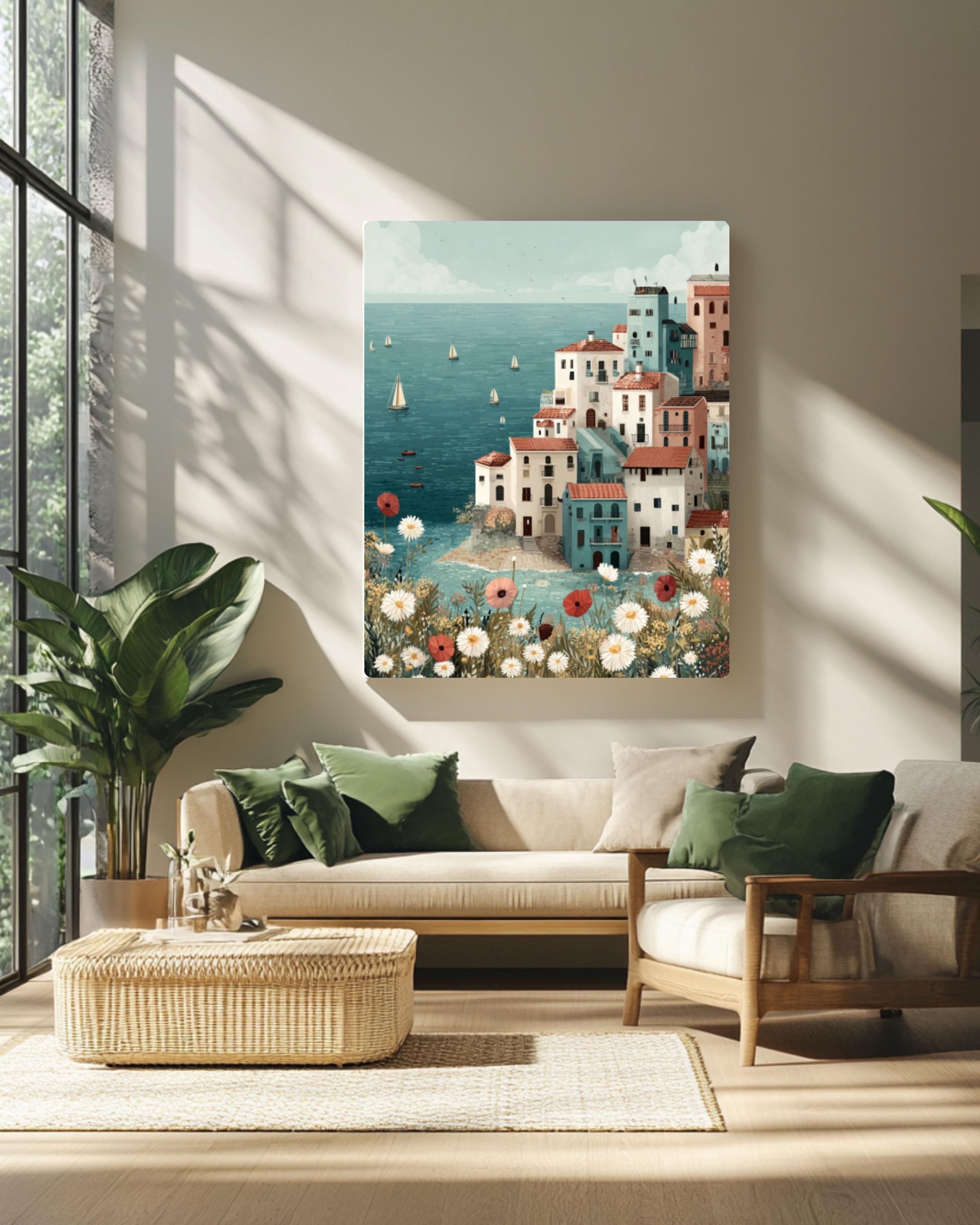 Pastel Coastal Town Wall Art – Seaside Village Sailboats Landscape Canvas Print