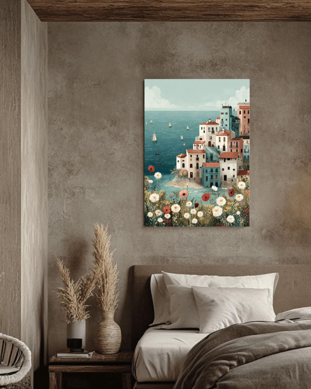Pastel Coastal Town Wall Art – Seaside Village Sailboats Landscape Canvas Print