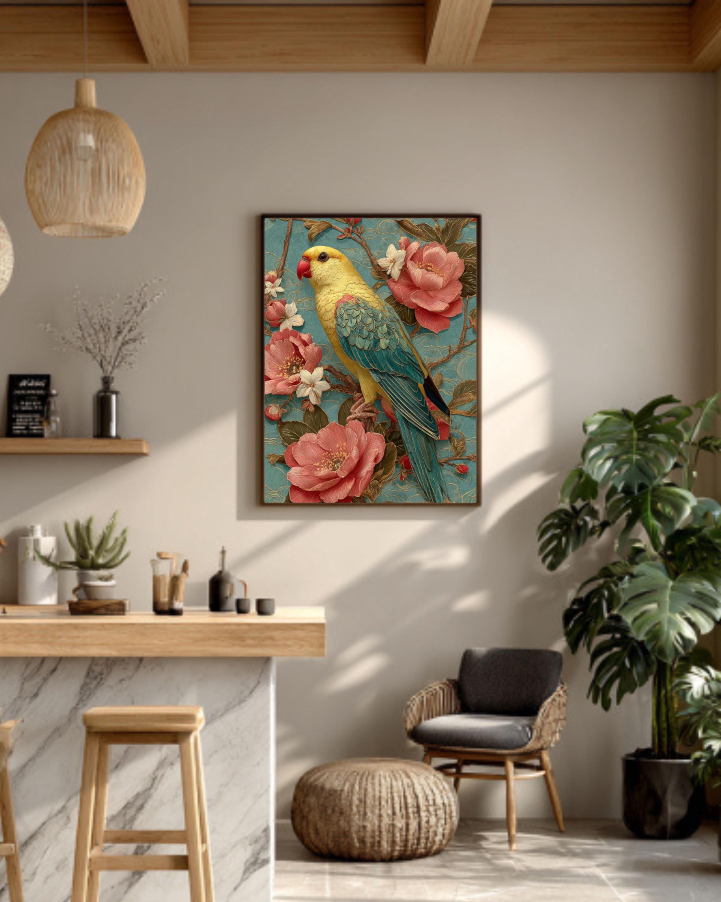 Guochao Yellow Parrot Wall Art – Chinese Floral Embroidery Style Canvas Print
