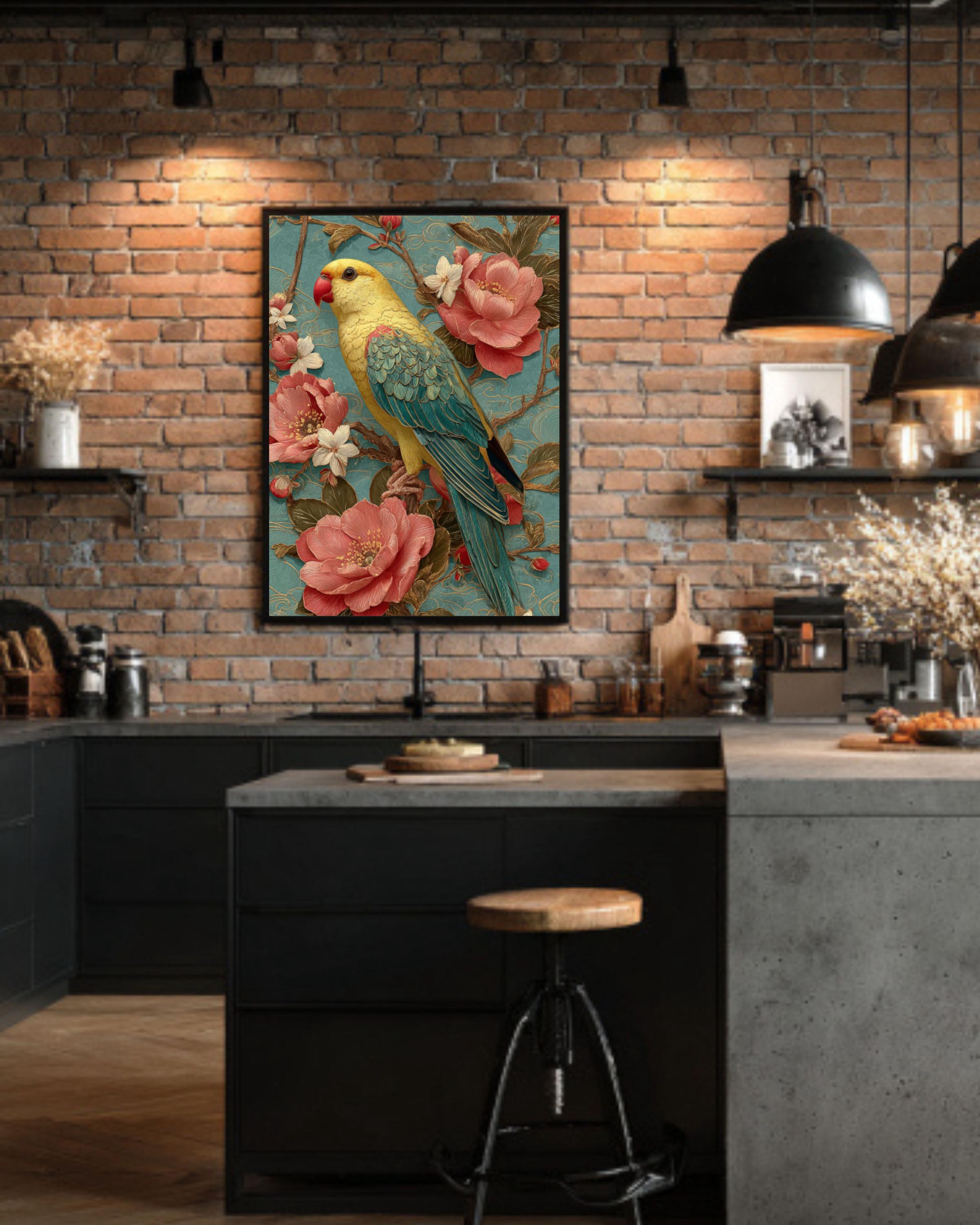 Guochao Yellow Parrot Wall Art – Chinese Floral Embroidery Style Canvas Print