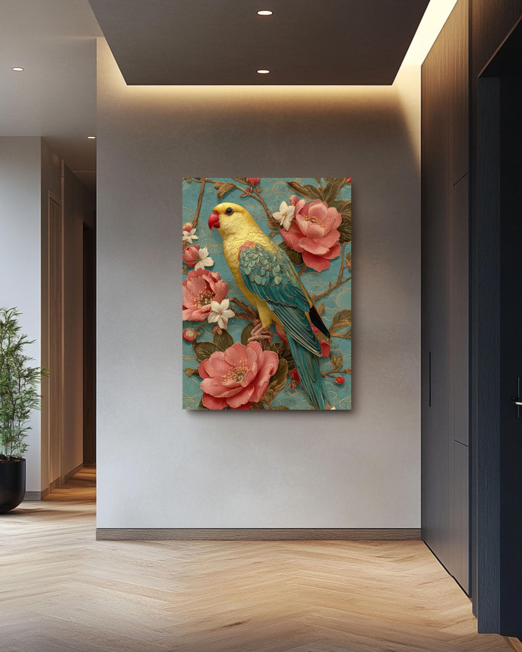 Guochao Yellow Parrot Wall Art – Chinese Floral Embroidery Style Canvas Print