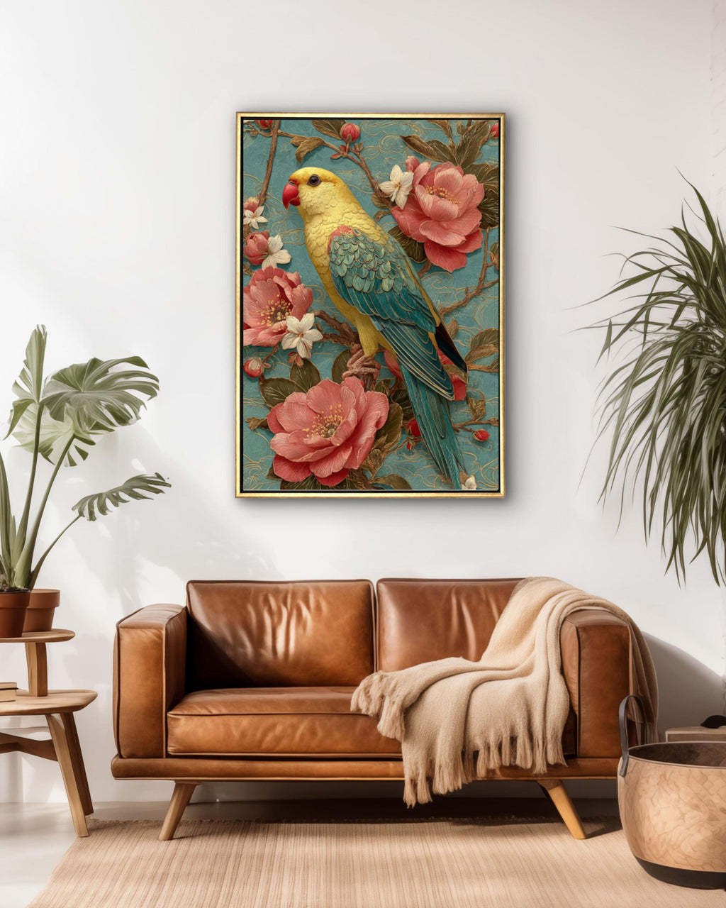 Guochao Yellow Parrot Wall Art – Chinese Floral Embroidery Style Canvas Print