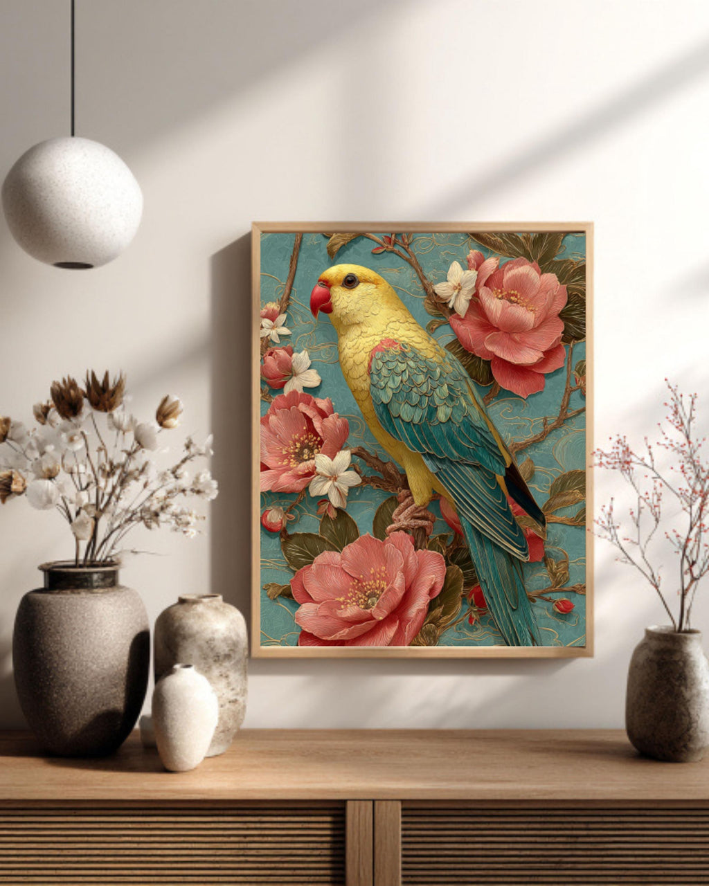 Guochao Yellow Parrot Wall Art – Chinese Floral Embroidery Style Canvas Print