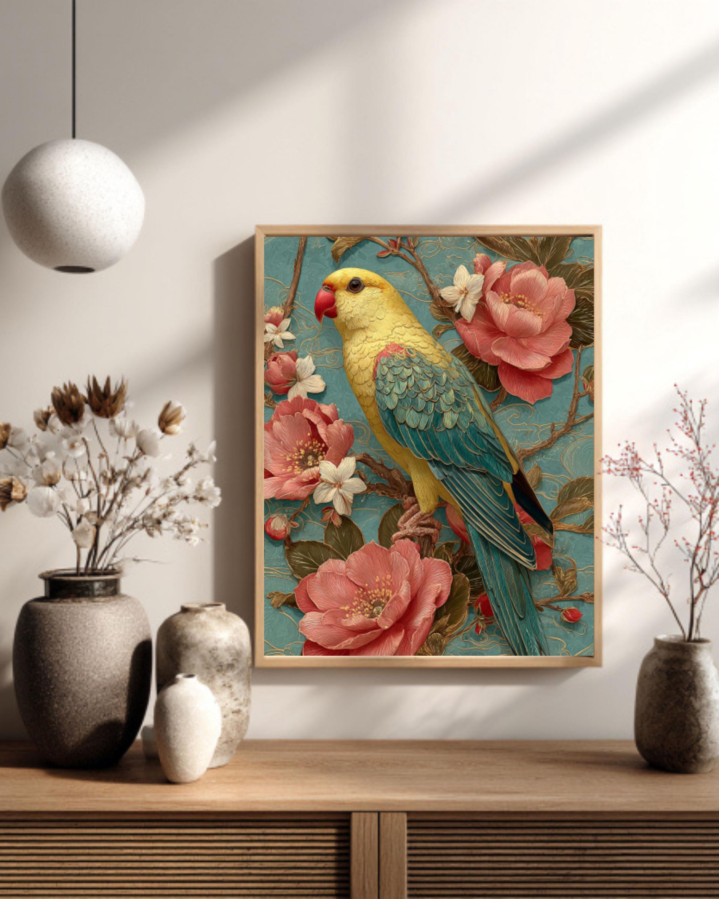 Guochao Yellow Parrot Wall Art – Chinese Floral Embroidery Style Canvas Print