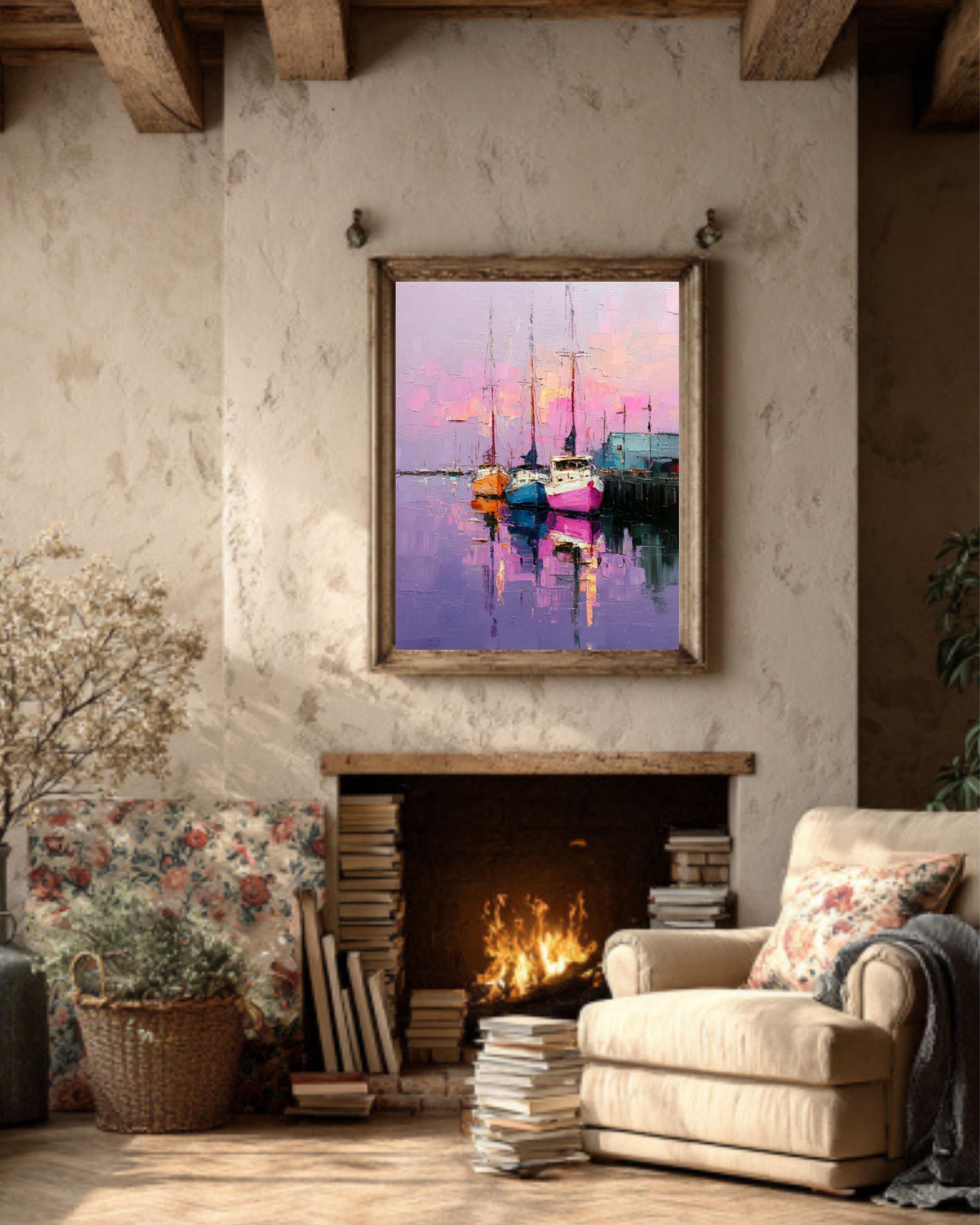 Pastel Sailboat Marina Wall Art – Abstract Coastal Harbor Canvas Print