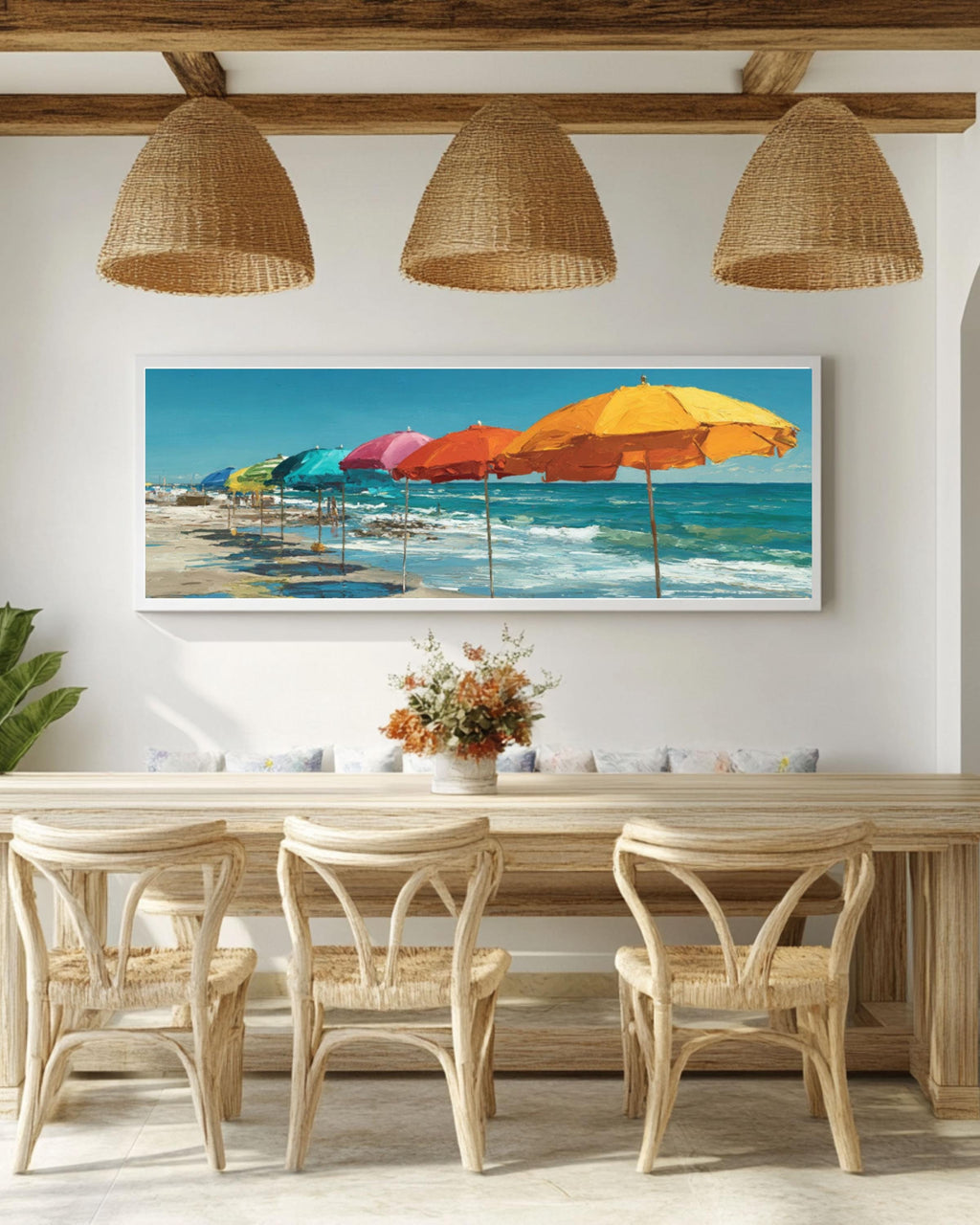 Colorful Beach Umbrella Coastal Wall Art – Summer Seascape Canvas Print