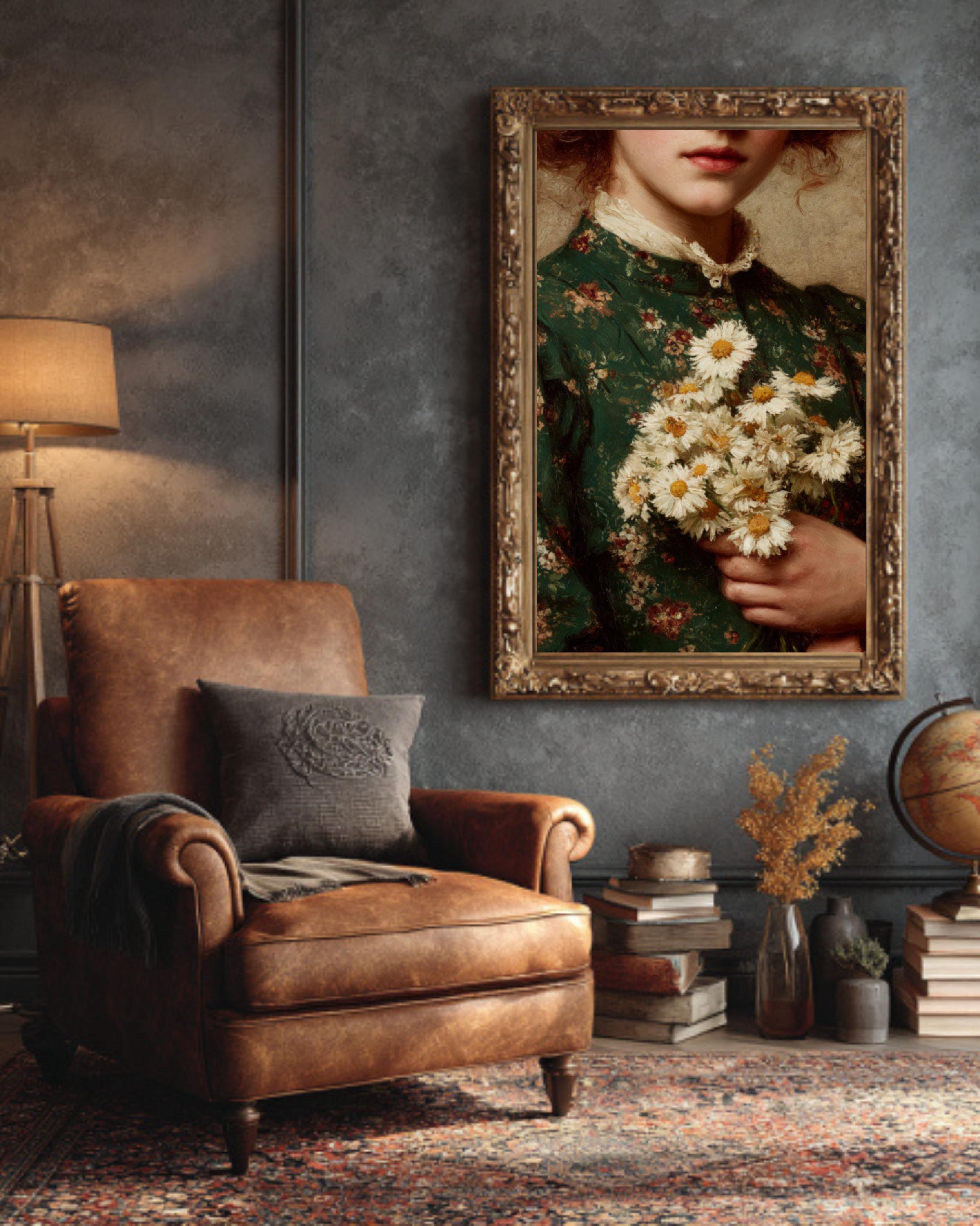 Vintage Floral Portrait Wall Art – Classical Woman with Daisies Art Print