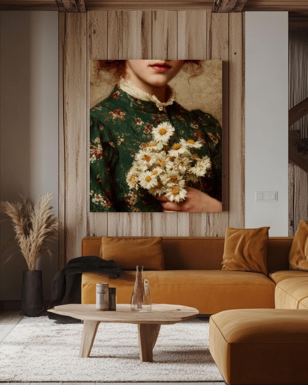 Vintage Floral Portrait Wall Art – Classical Woman with Daisies Art Print