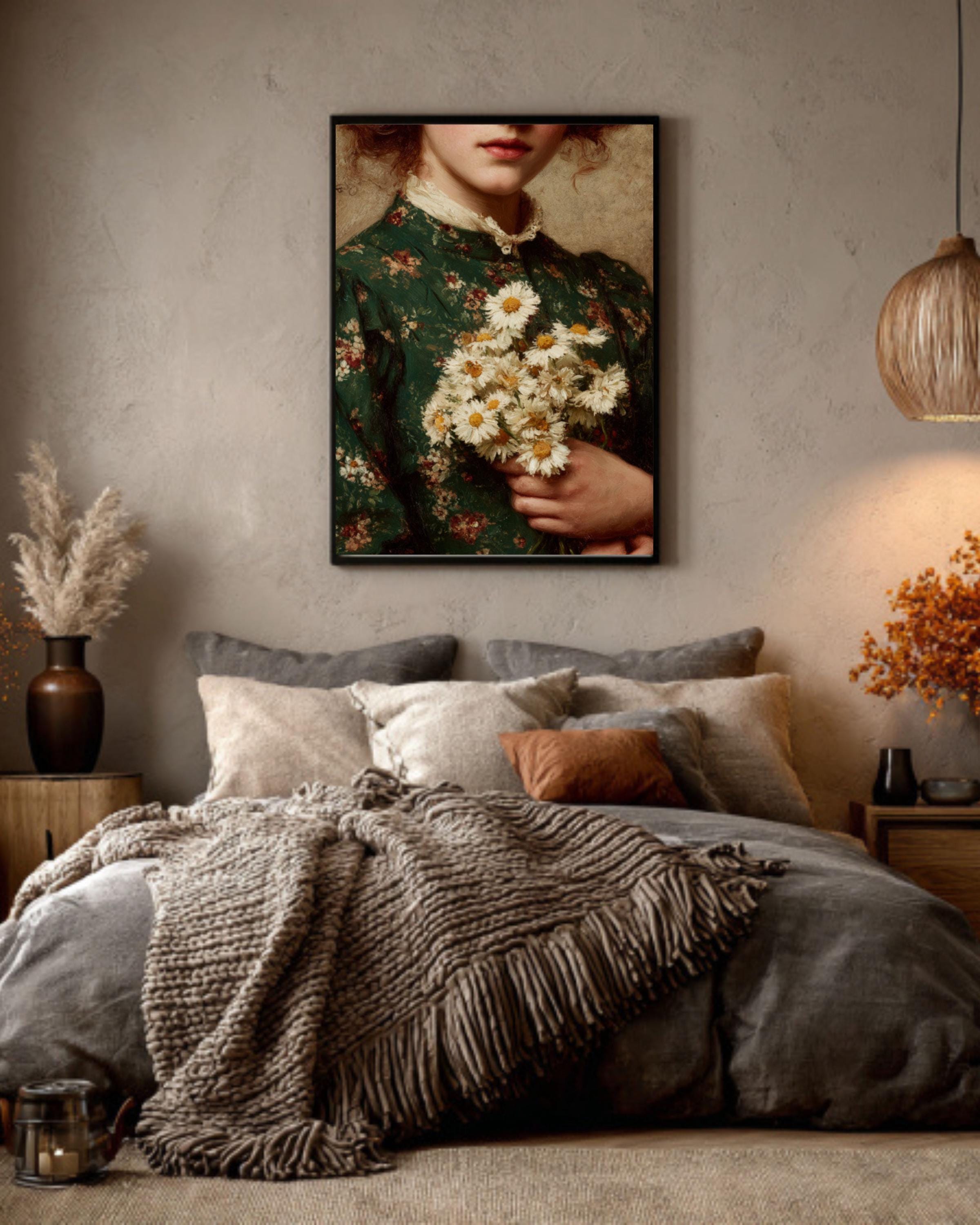 classical woman with daisies vintage floral art print