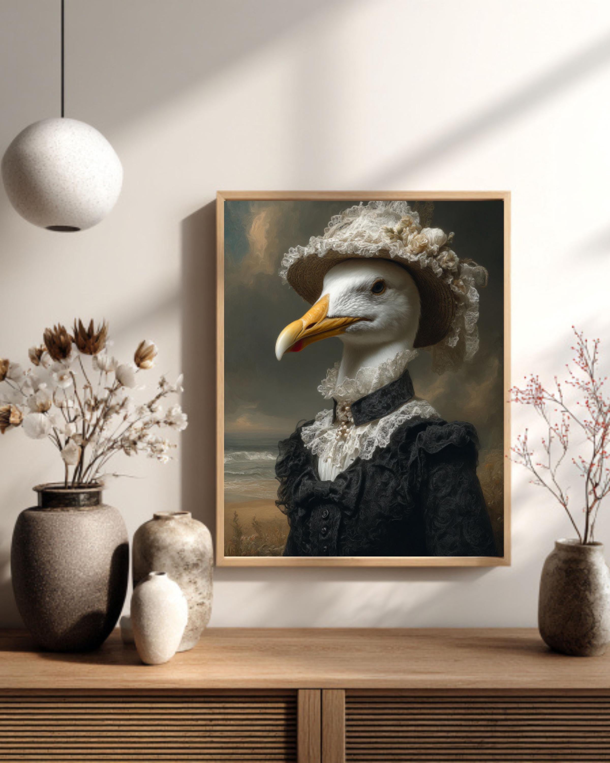 Victorian Seagull Lady Portrait – Anthropomorphic Bird Vintage Canvas Wall Art