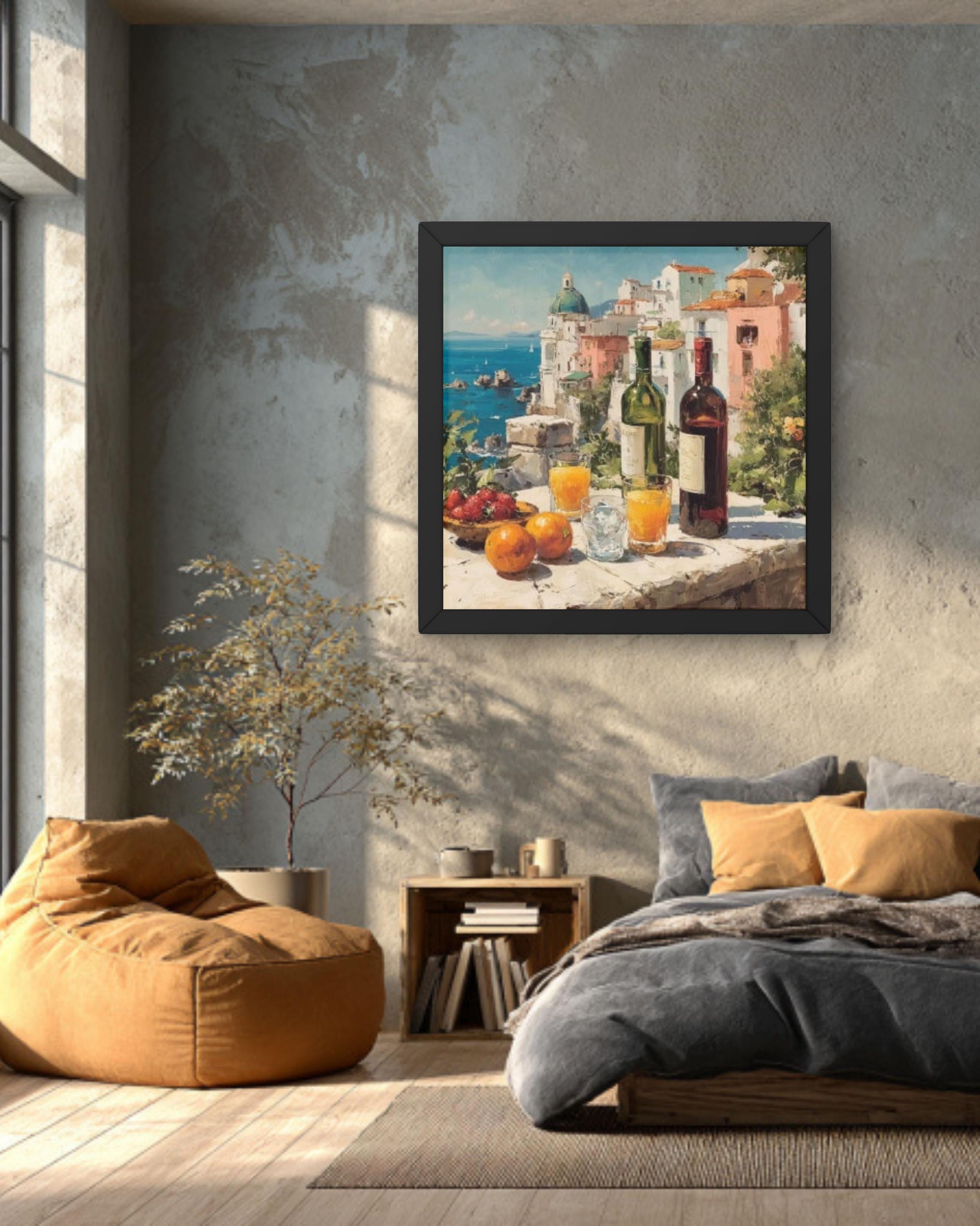 Mediterranean Wine Table Coastal Wall Art – Summer Dining Oil Painting Canvas Print