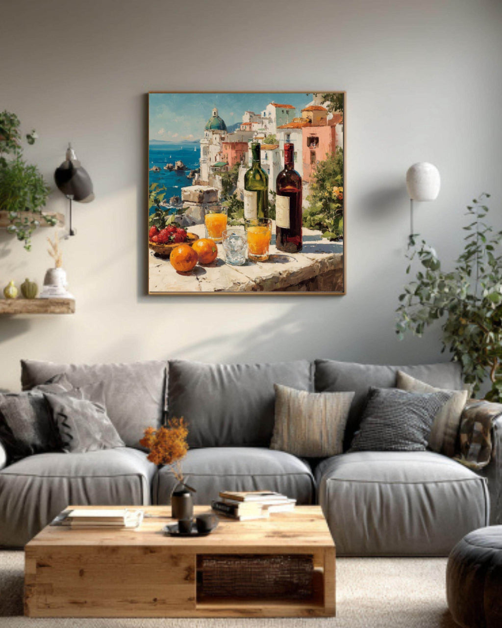 Mediterranean Wine Table Coastal Wall Art – Summer Dining Oil Painting Canvas Print