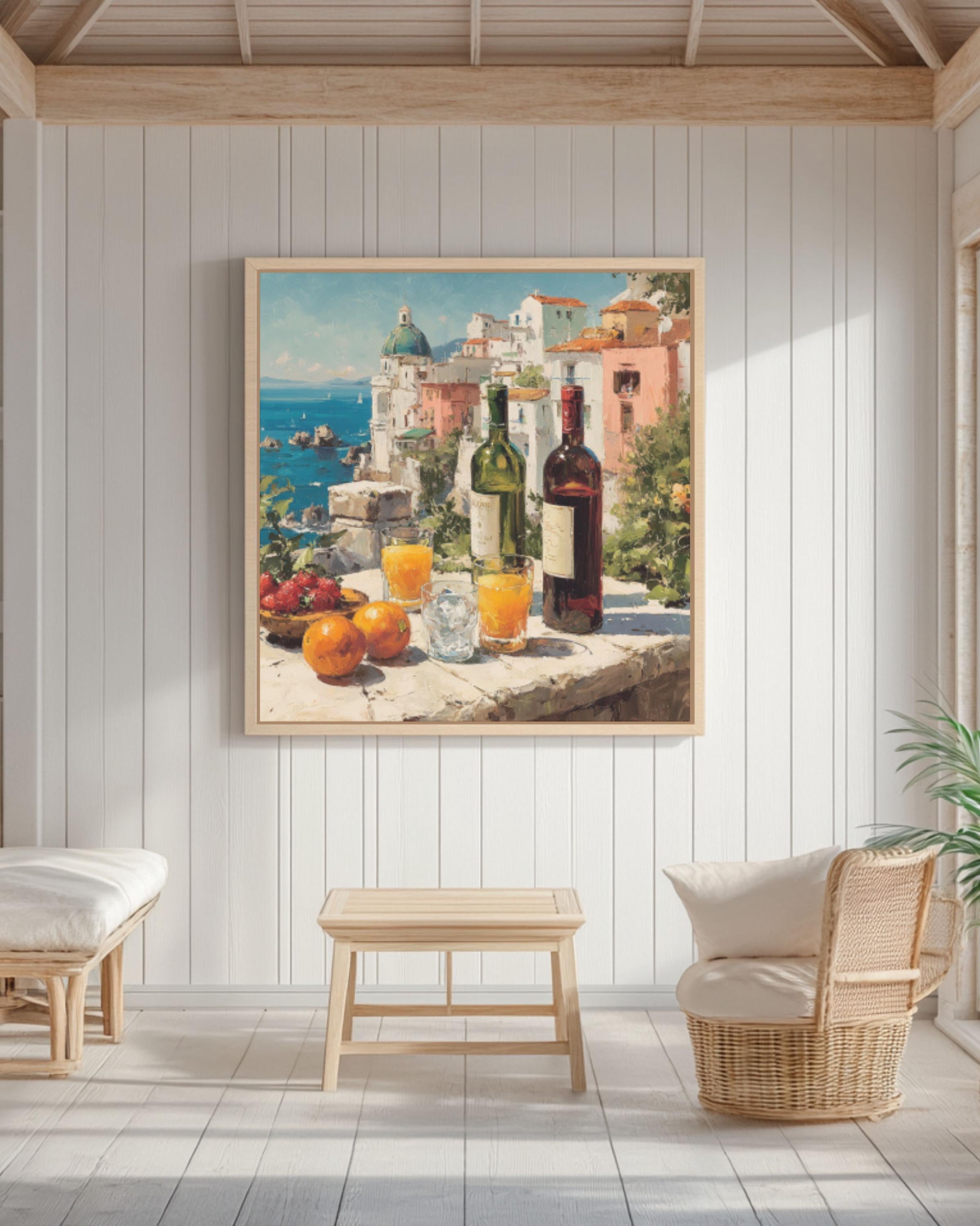 Mediterranean Wine Table Coastal Wall Art – Summer Dining Oil Painting Canvas Print