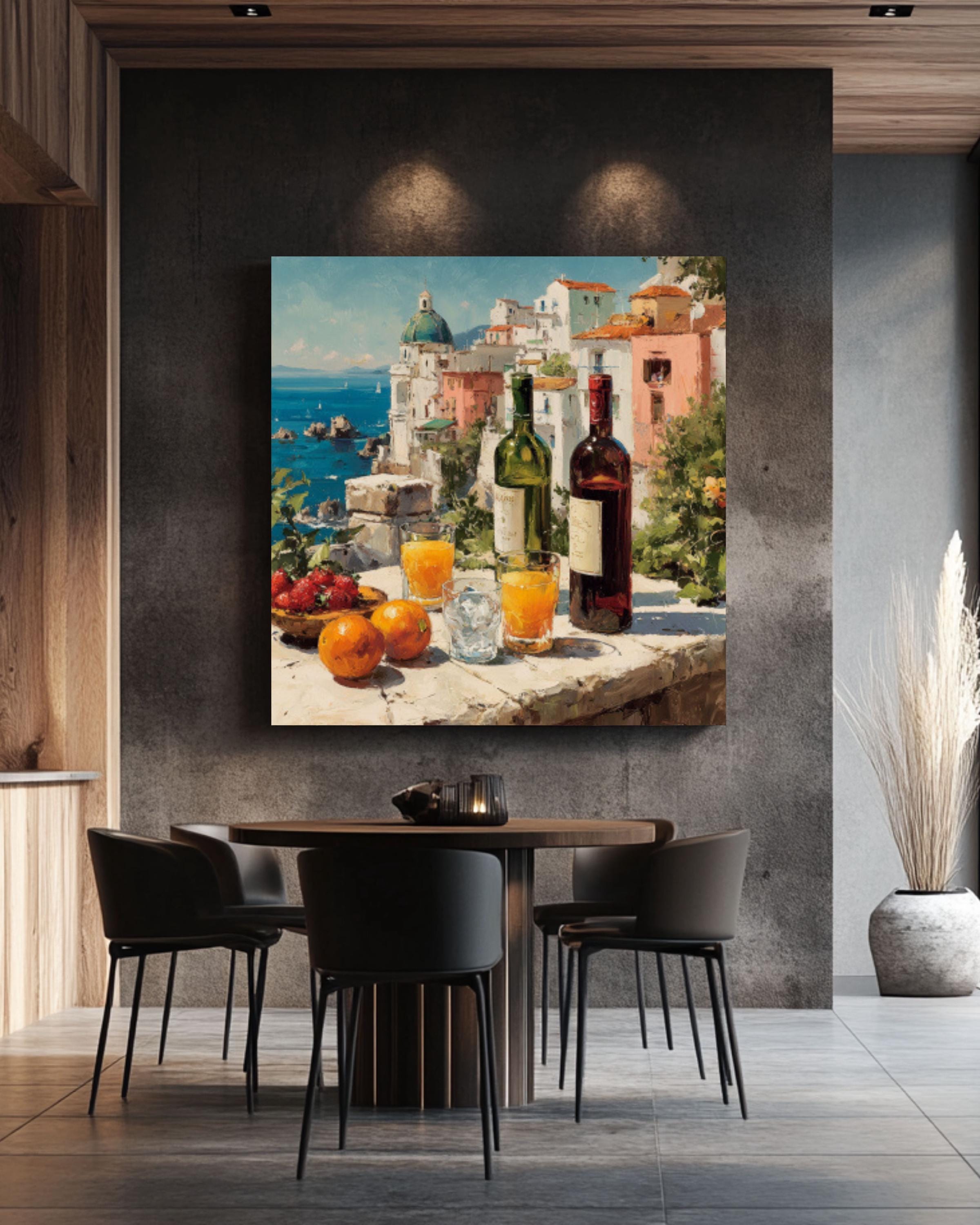 Mediterranean Wine Table Coastal Wall Art – Summer Dining Oil Painting Canvas Print