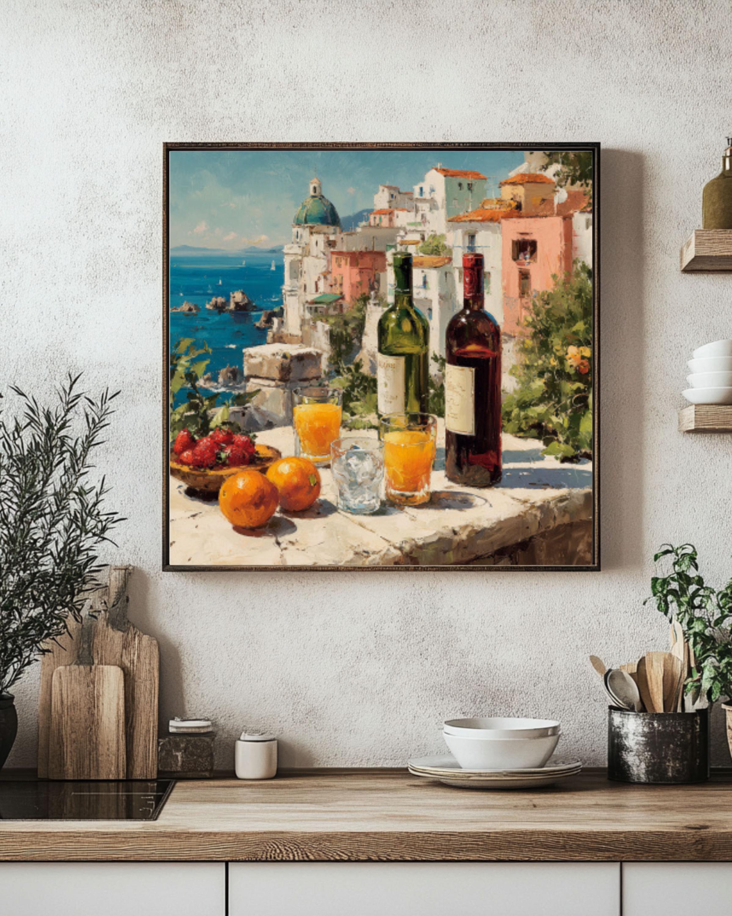 Mediterranean Wine Table Coastal Wall Art – Summer Dining Oil Painting Canvas Print