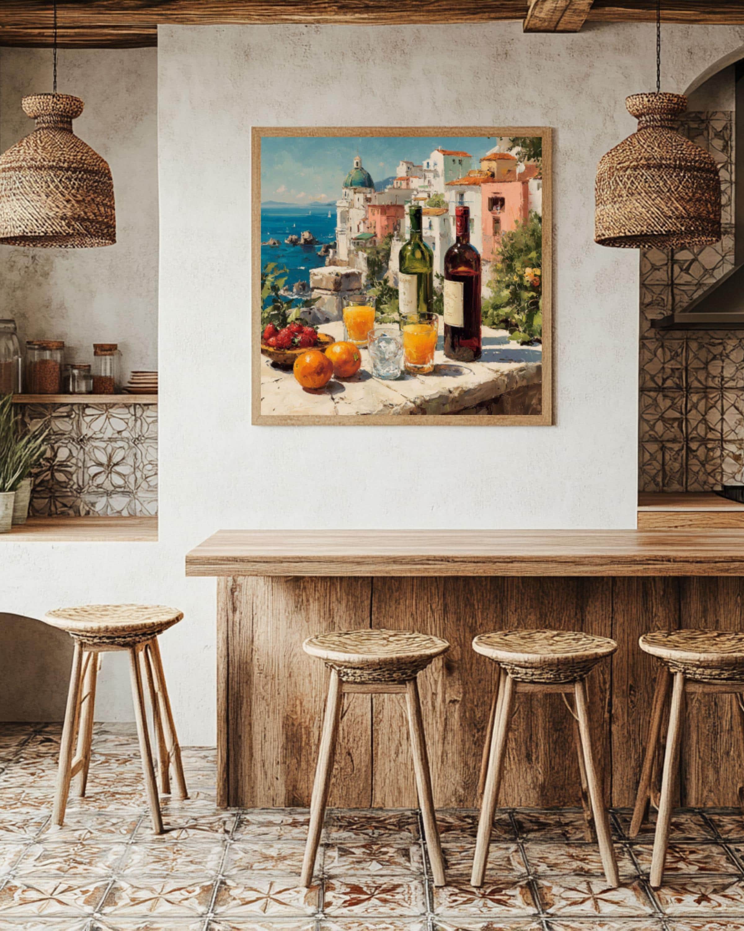Mediterranean Wine Table Coastal Wall Art – Summer Dining Oil Painting Canvas Print