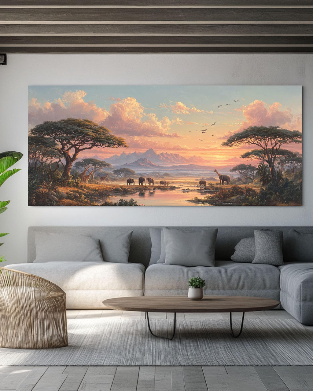 African Savannah Sunset Wall Art – Elephants & Giraffes Landscape Canvas Print