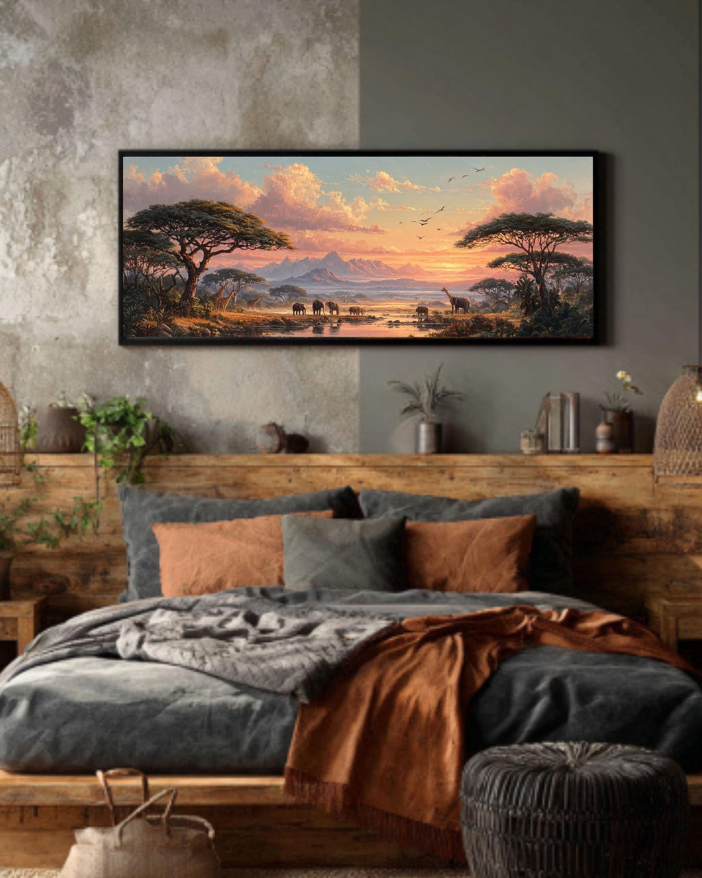 African Savannah Sunset Wall Art – Elephants & Giraffes Landscape Canvas Print
