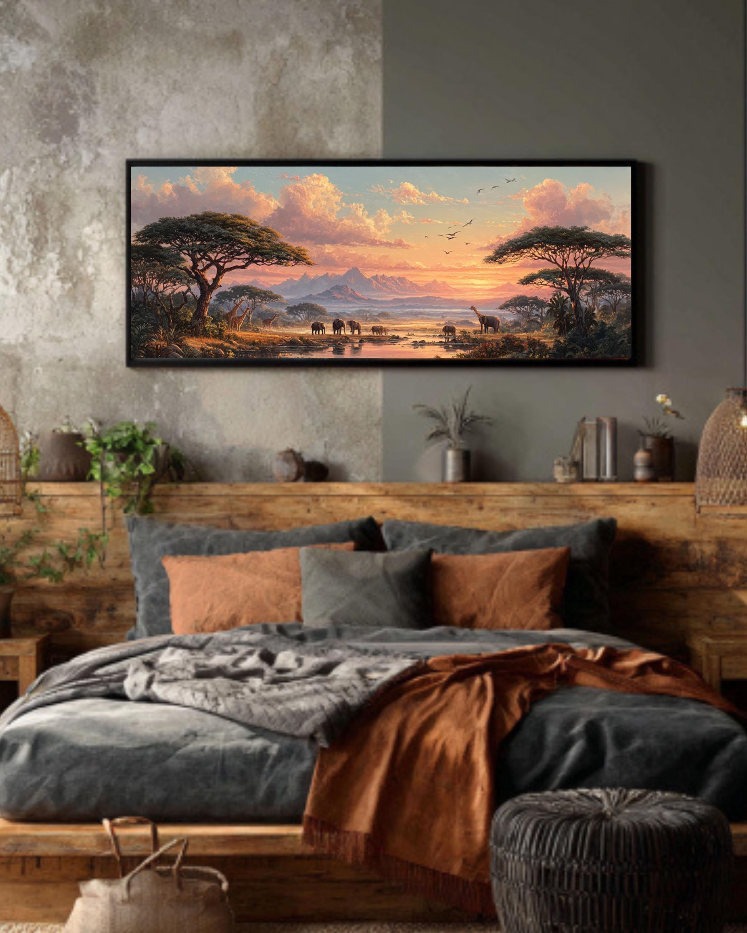 African Savannah Sunset Wall Art – Elephants & Giraffes Landscape Canvas Print
