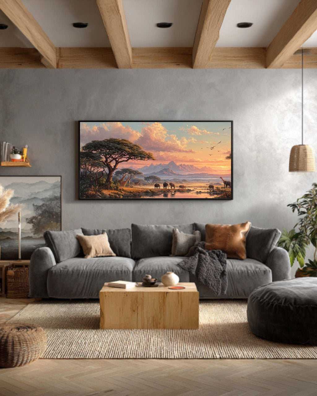 African Savannah Sunset Wall Art – Elephants & Giraffes Landscape Canvas Print