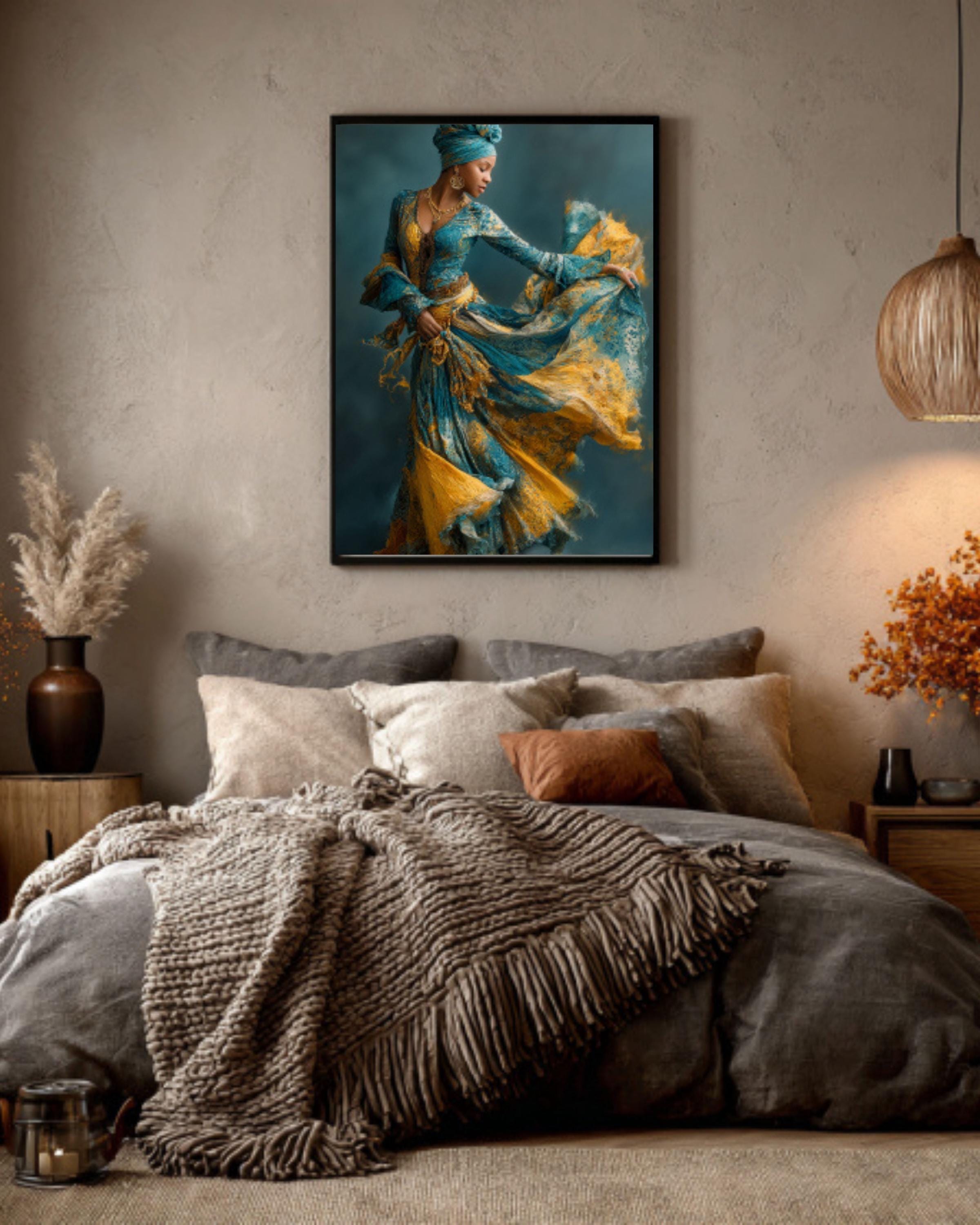 Black Woman Dancing Canvas Wall Art – Afrocentric Blue & Gold Dress Painting