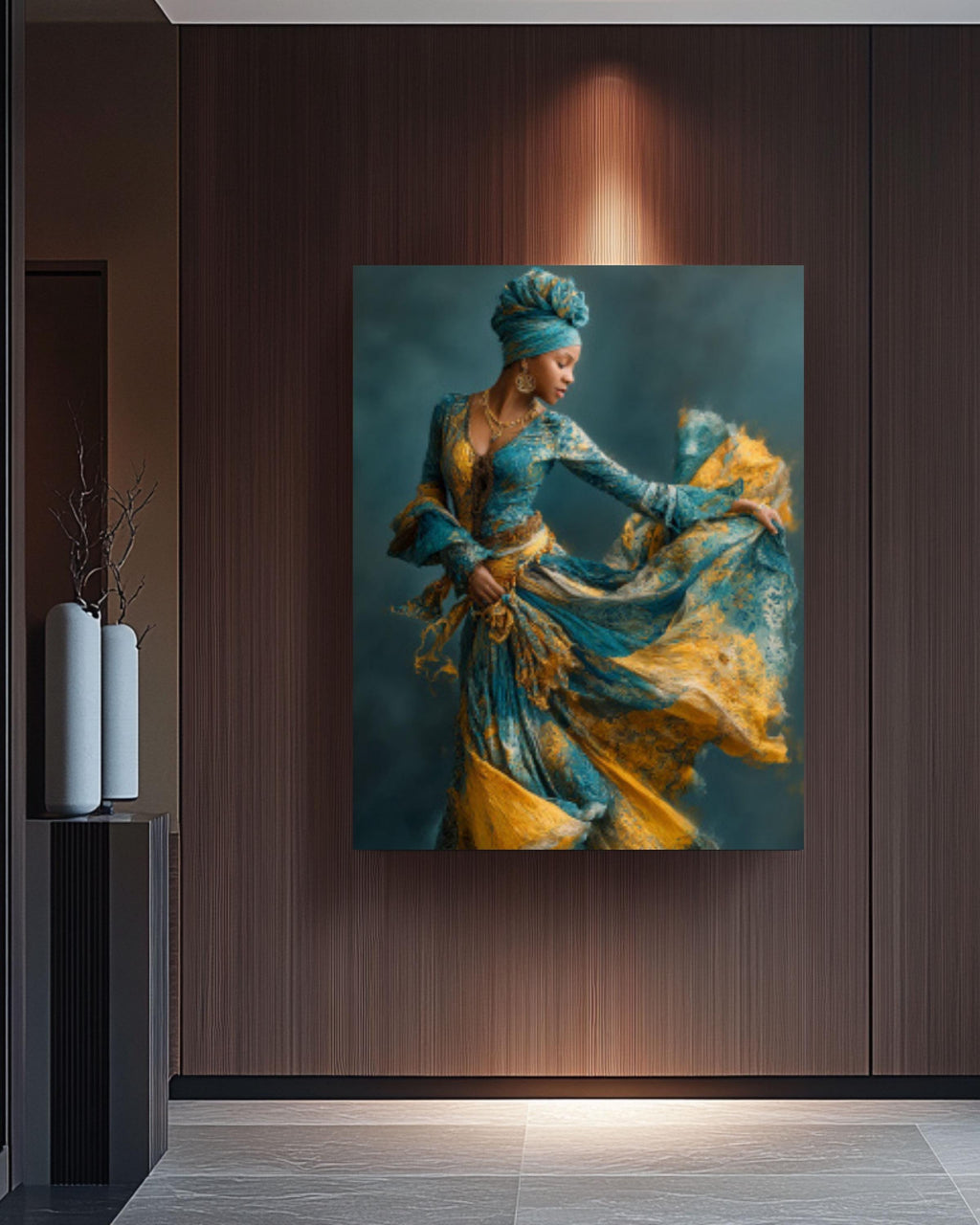 Black Woman Dancing Canvas Wall Art – Afrocentric Blue & Gold Dress Painting