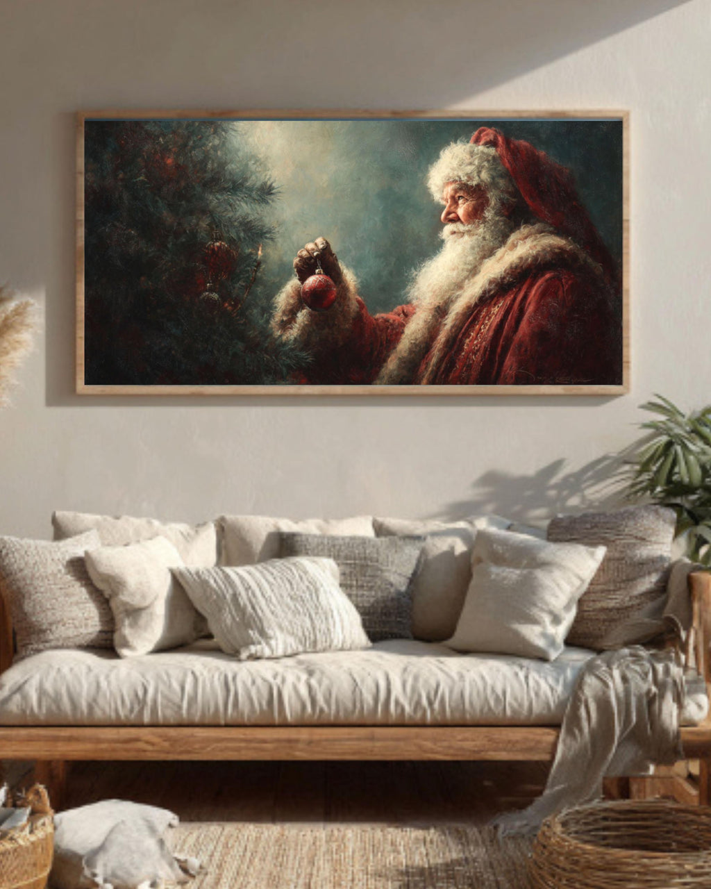 Santa Decorating Christmas Tree Canvas Wall Art – Classic Holiday Oil Painting