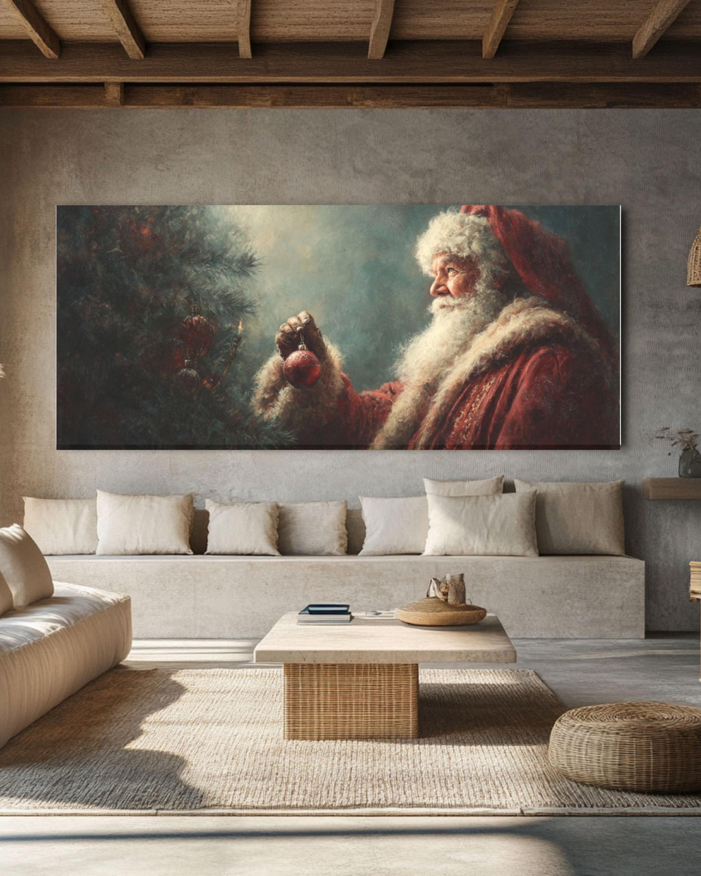 Santa Decorating Christmas Tree Canvas Wall Art – Classic Holiday Oil Painting