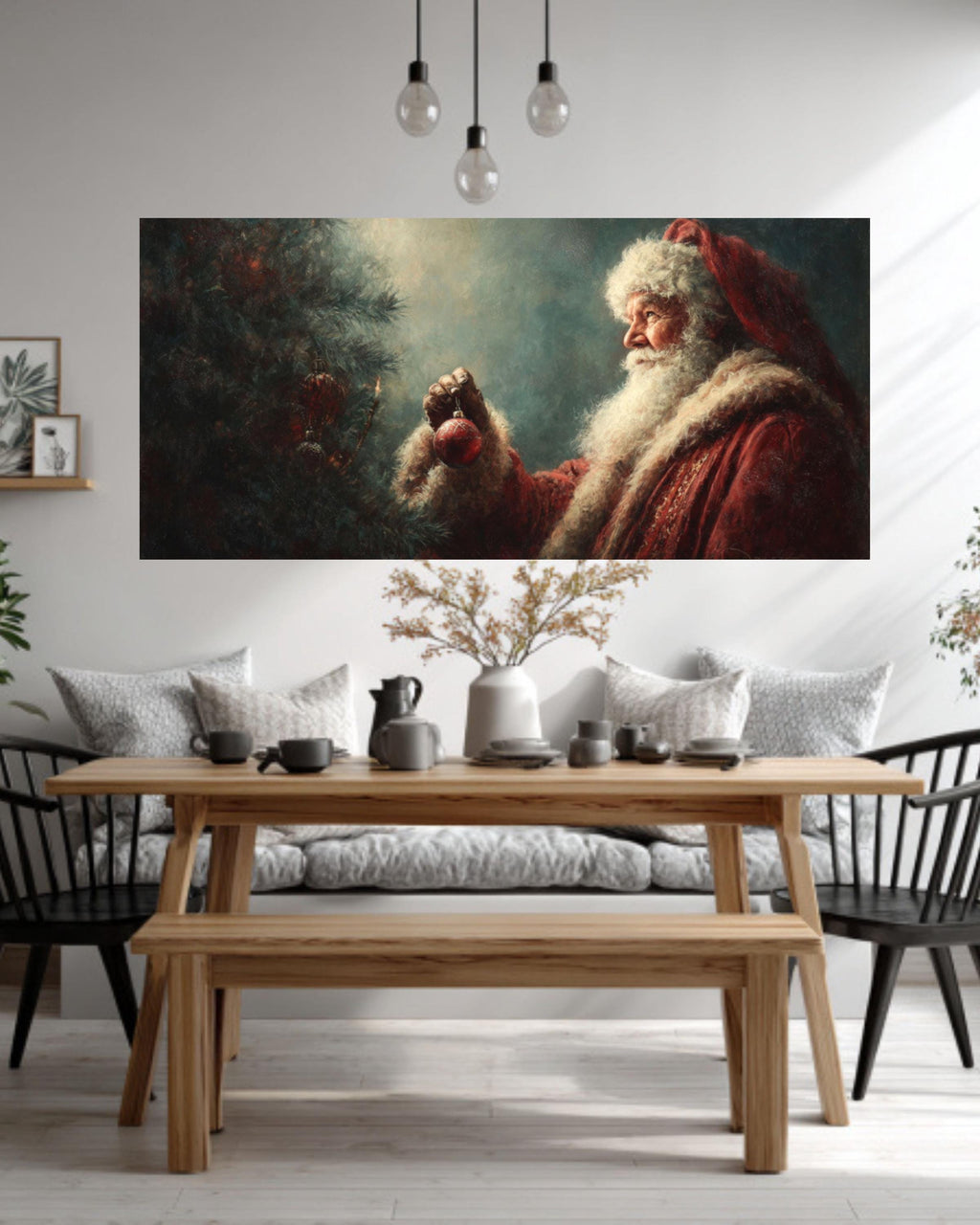 Santa Decorating Christmas Tree Canvas Wall Art – Classic Holiday Oil Painting