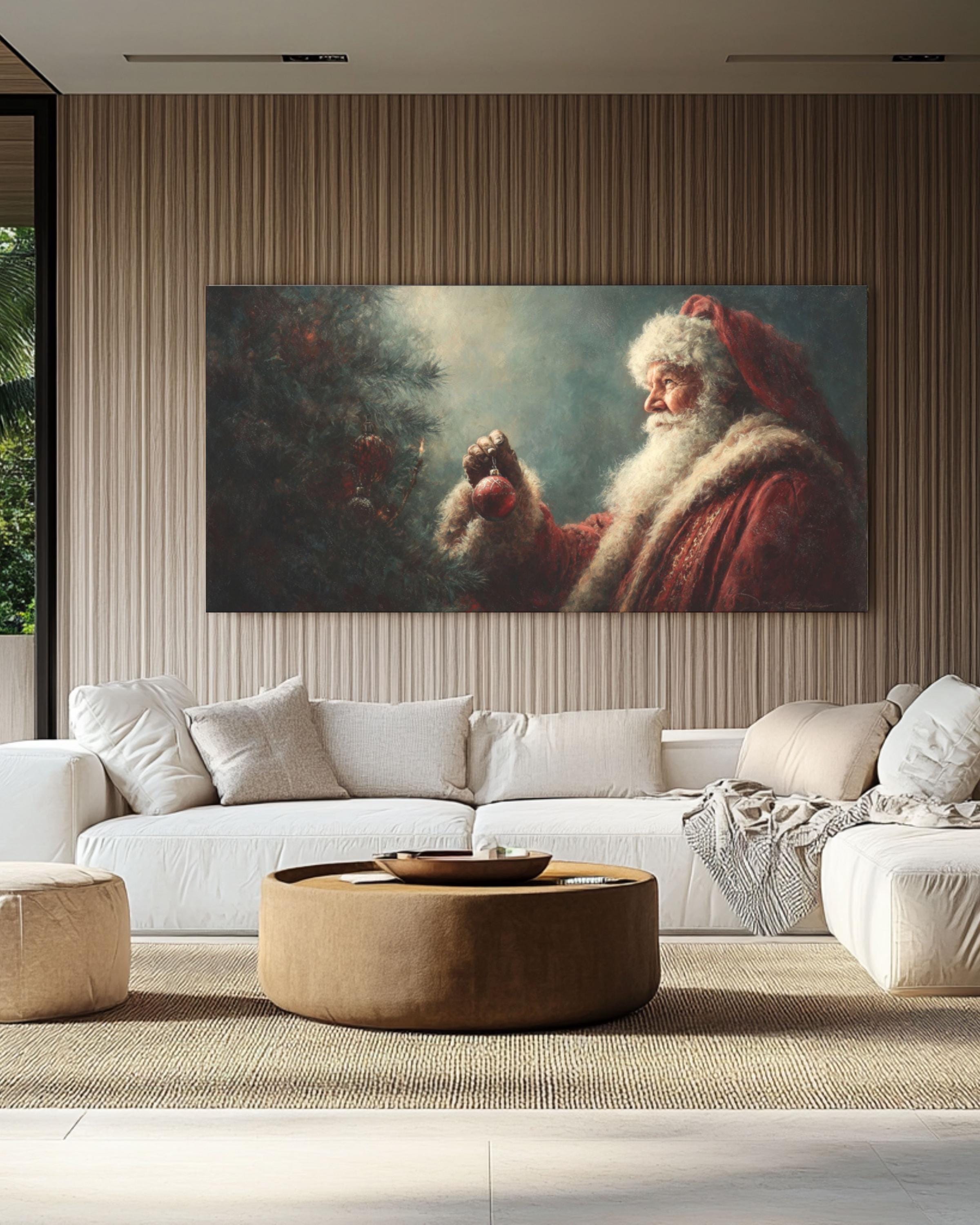 Santa Decorating Christmas Tree Canvas Wall Art – Classic Holiday Oil Painting