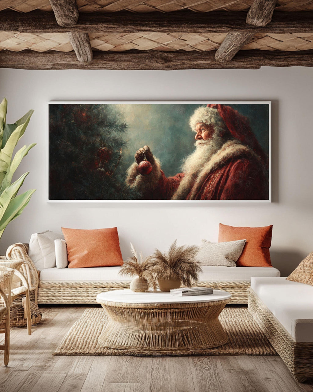 Santa Decorating Christmas Tree Canvas Wall Art – Classic Holiday Oil Painting