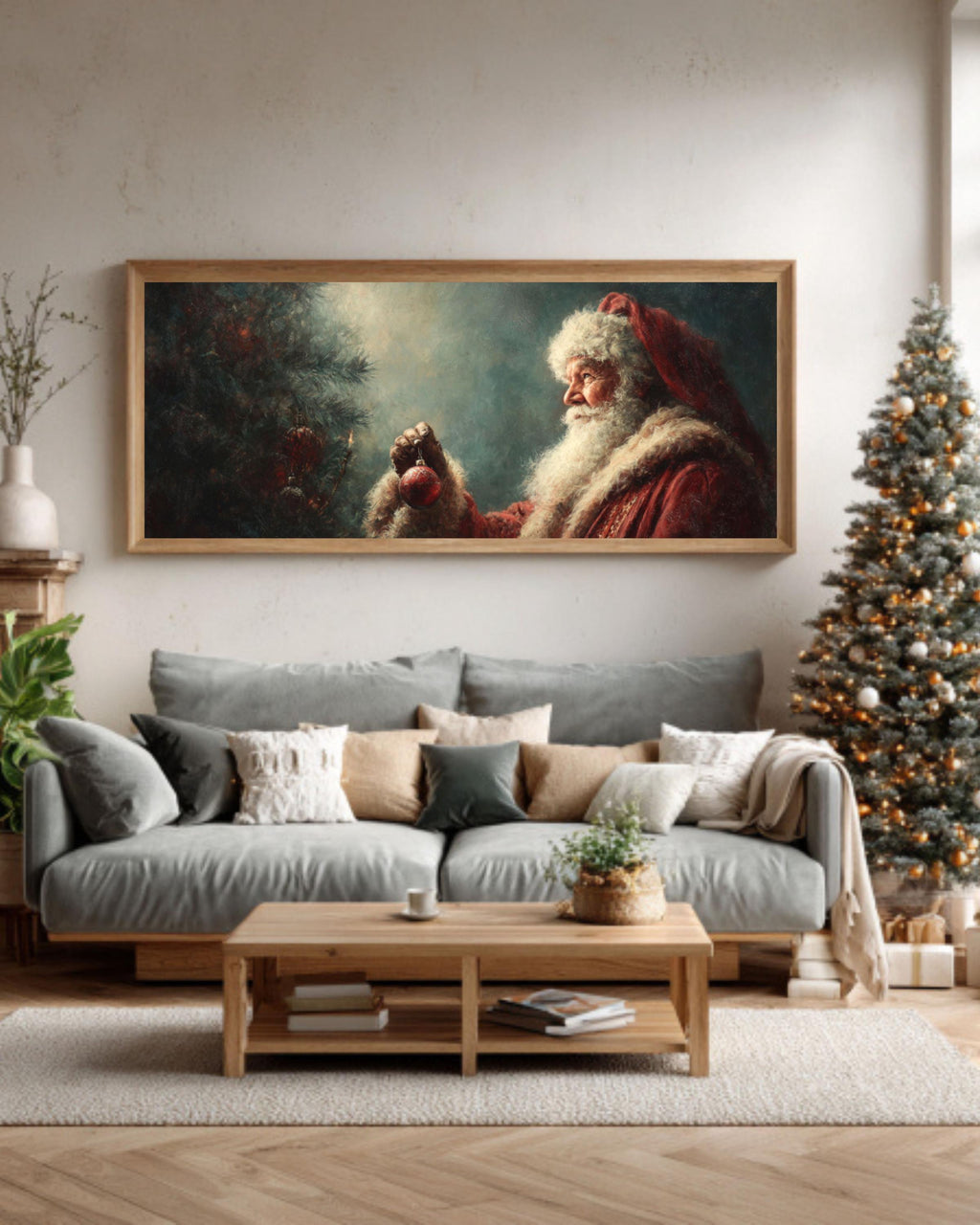 Santa Decorating Christmas Tree Canvas Wall Art – Classic Holiday Oil Painting