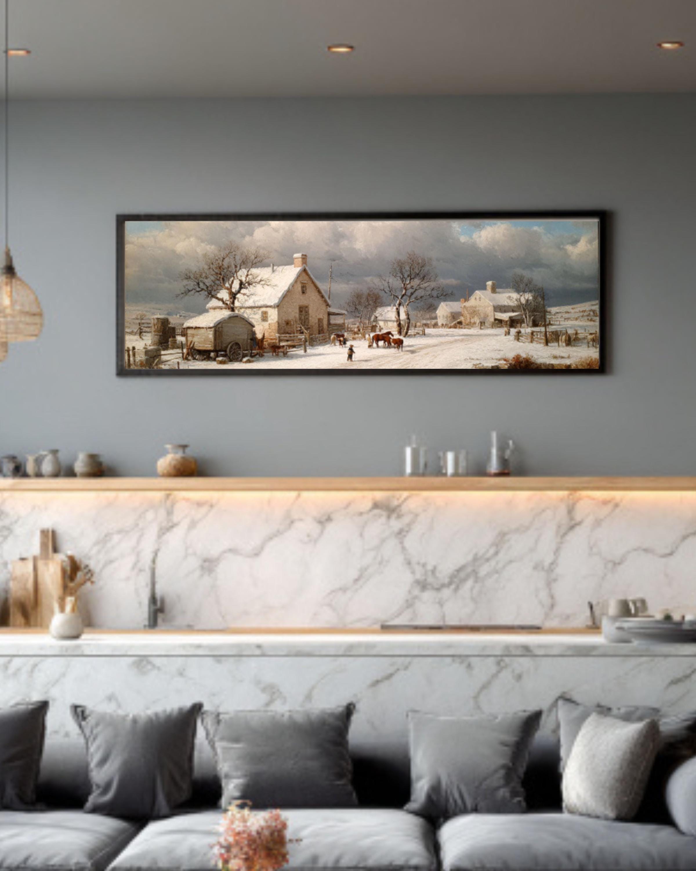 Snowy Homestead Canvas Art – Winter Farm Americana Wall Decor