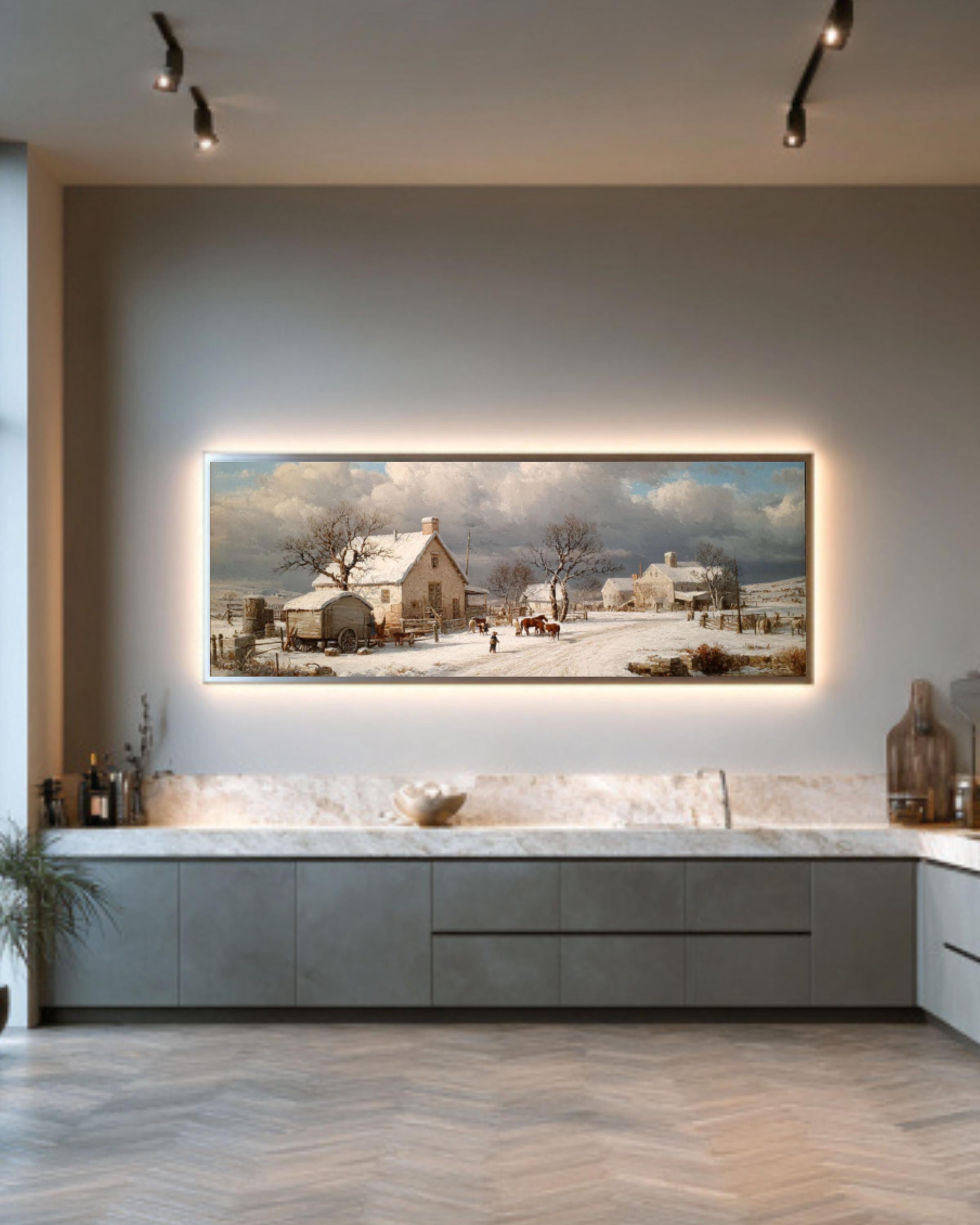 Snowy Homestead Canvas Art – Winter Farm Americana Wall Decor