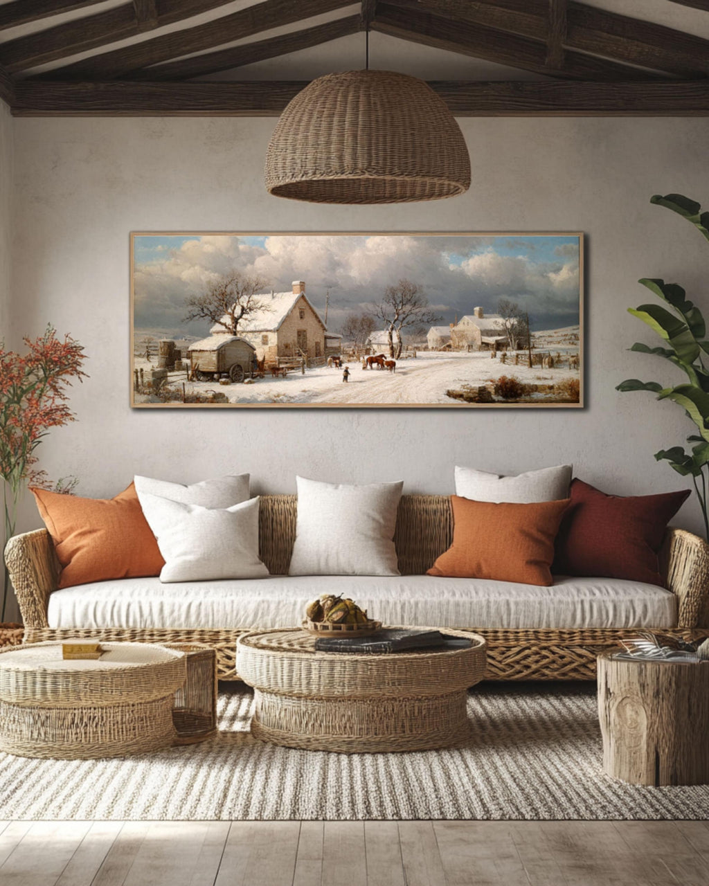 Snowy Homestead Canvas Art – Winter Farm Americana Wall Decor