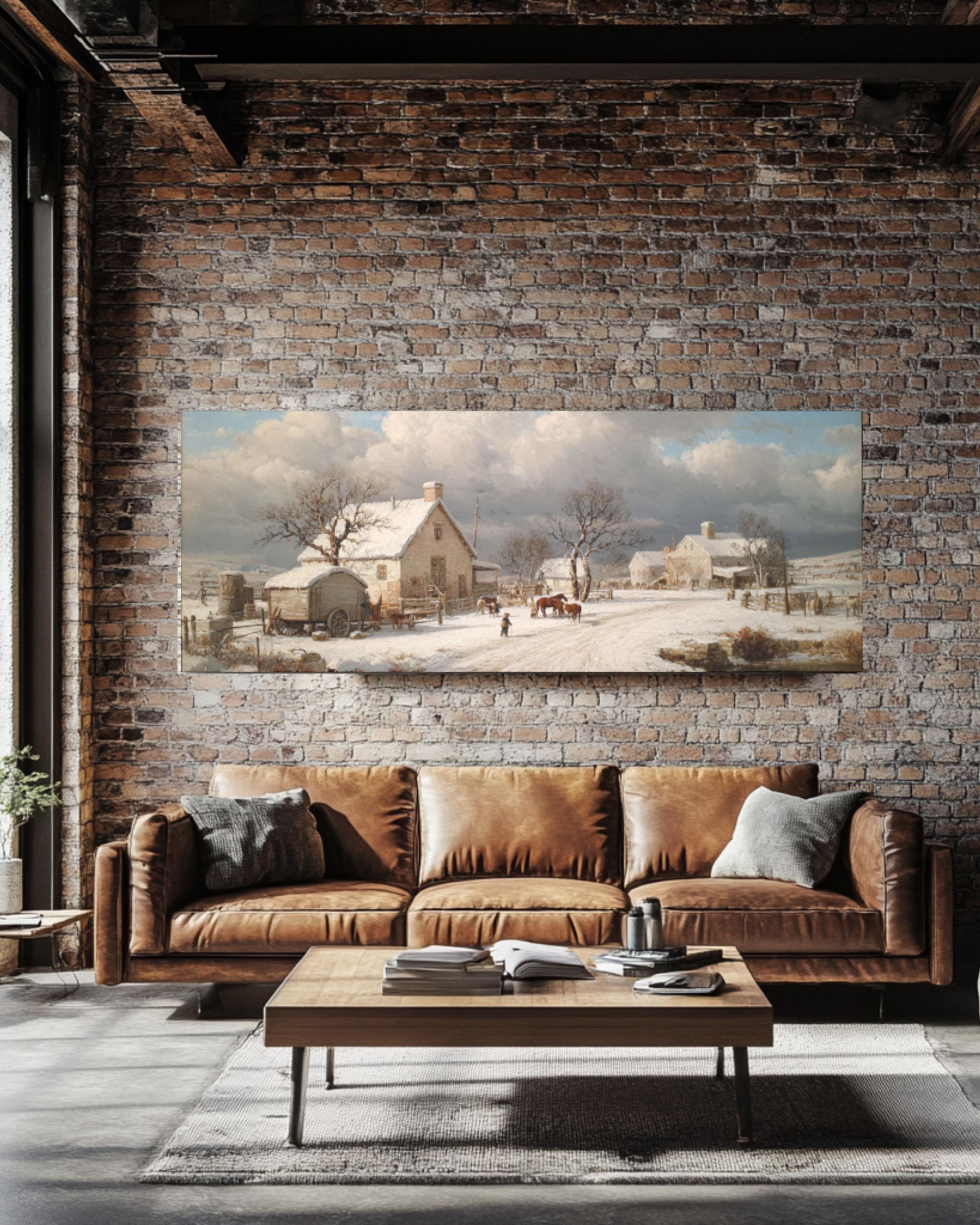 Snowy Homestead Canvas Art – Winter Farm Americana Wall Decor