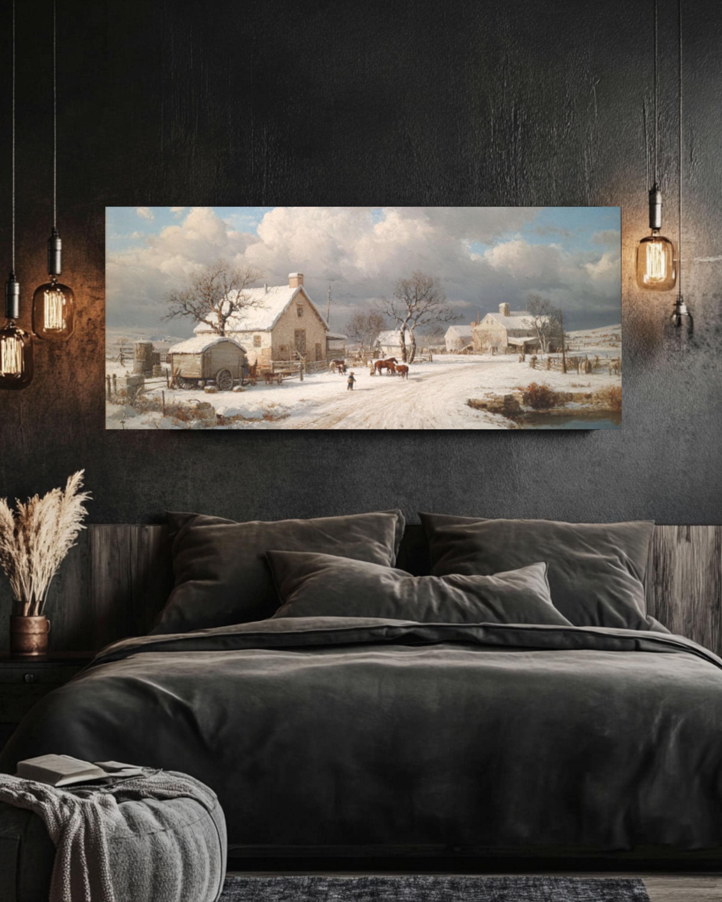 Snowy Homestead Canvas Art – Winter Farm Americana Wall Decor