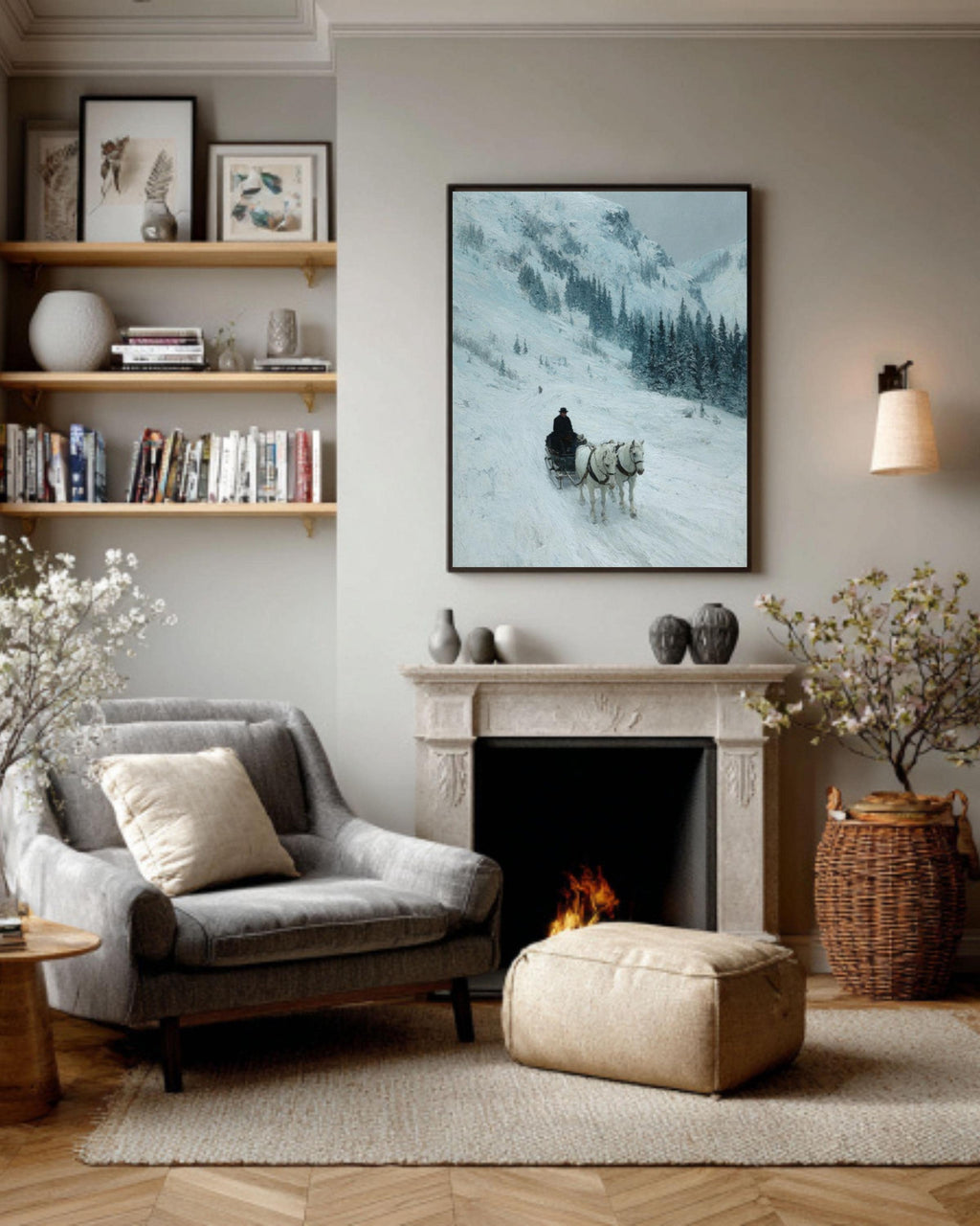 horse sled winter scene art print sargent style landscape