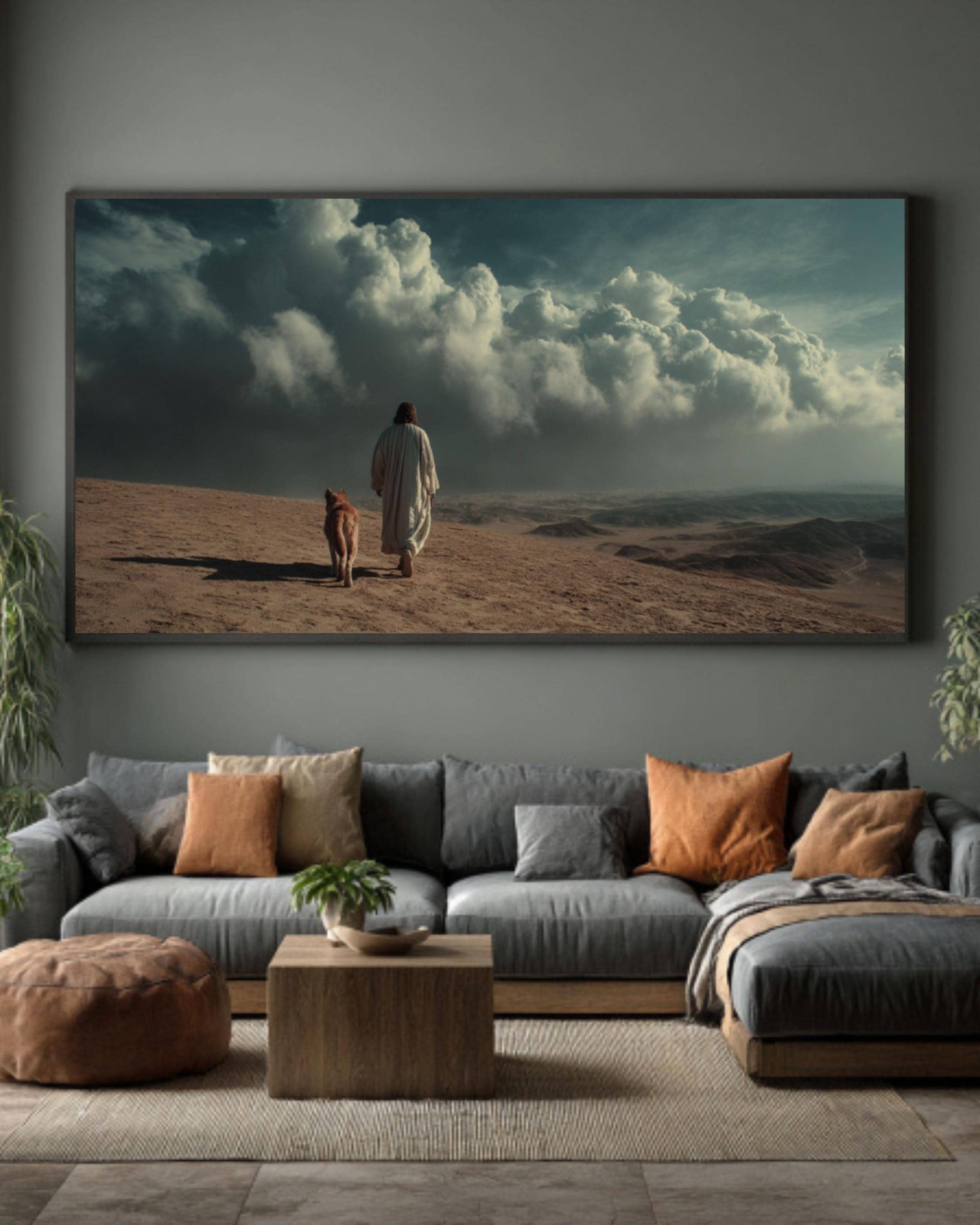 Jesus Walking with Dog Canvas Art – Minimalist Christian Wall Decor