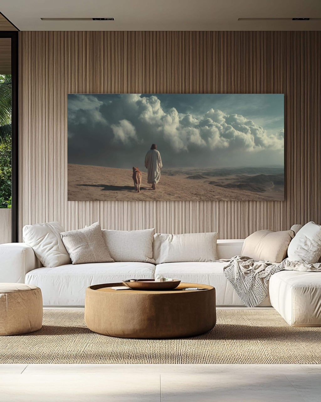 Jesus Walking with Dog Canvas Art – Minimalist Christian Wall Decor