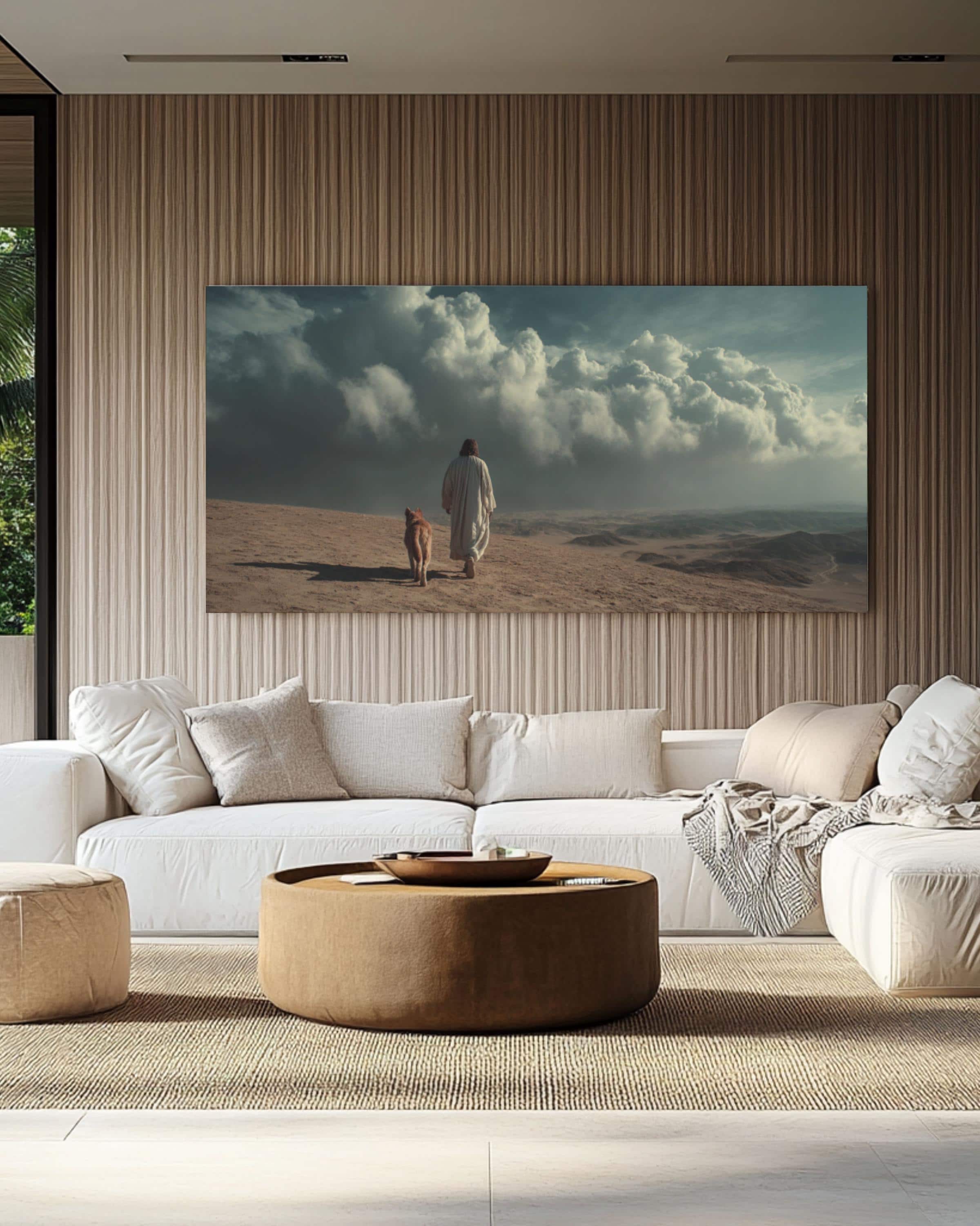 Jesus Walking with Dog Canvas Art – Minimalist Christian Wall Decor