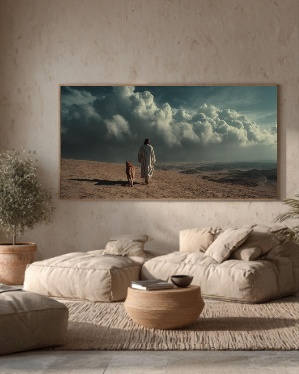 Jesus Walking with Dog Canvas Art – Minimalist Christian Wall Decor