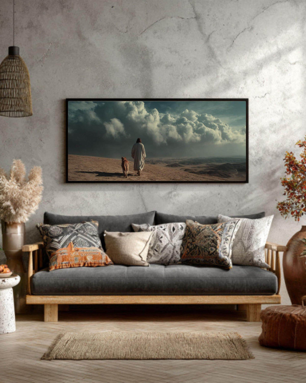 Jesus Walking with Dog Canvas Art – Minimalist Christian Wall Decor